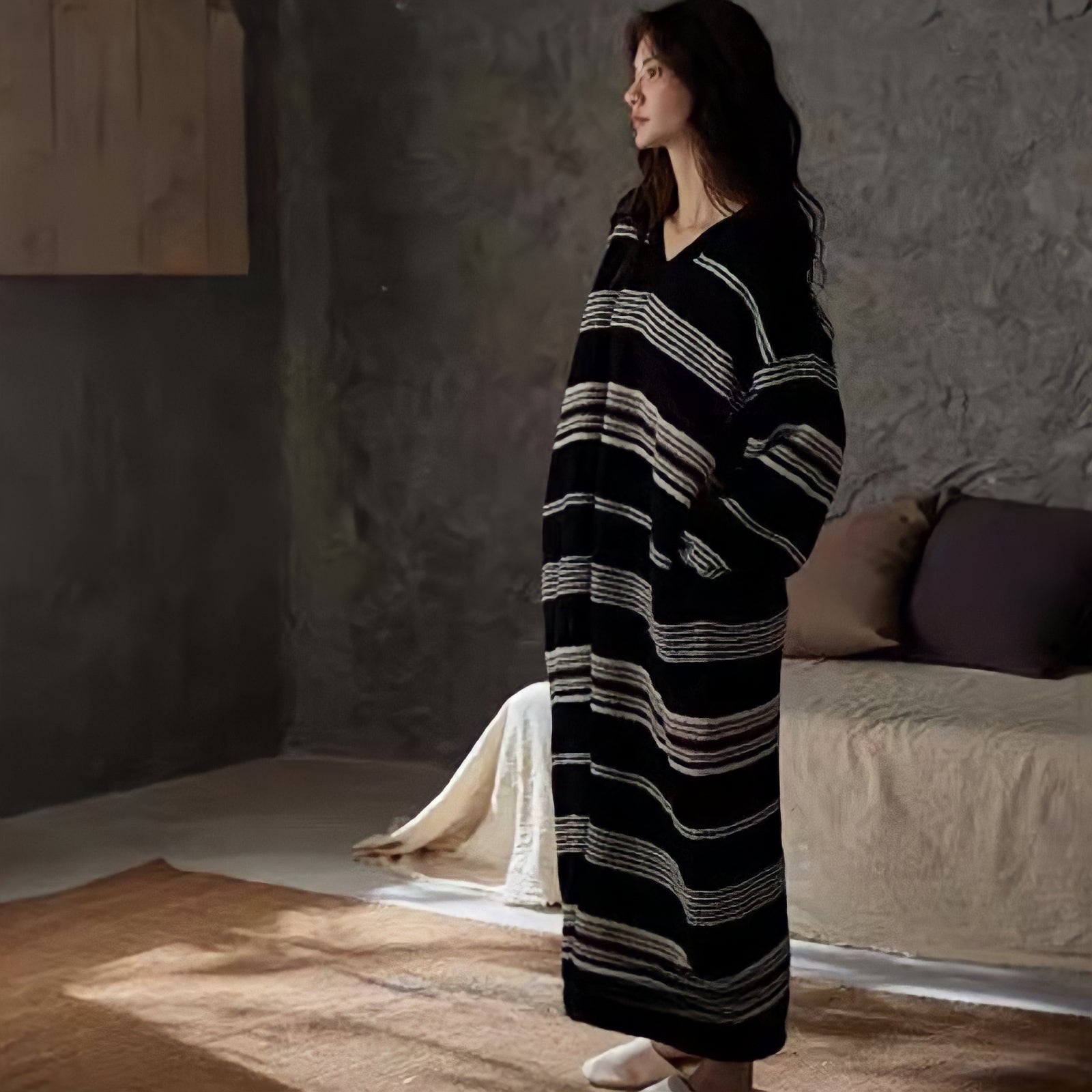 Fluffy multi-color dark striped loungewear