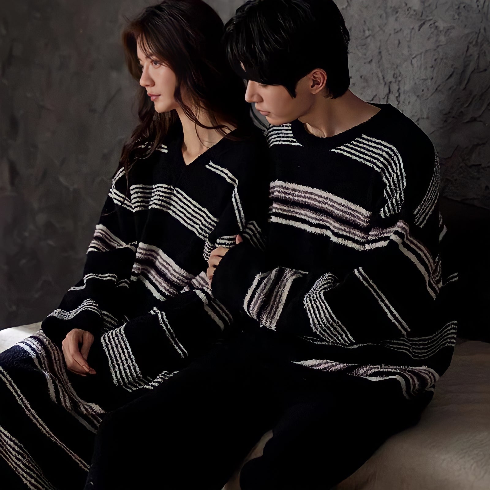 Fluffy multi-color dark striped loungewear