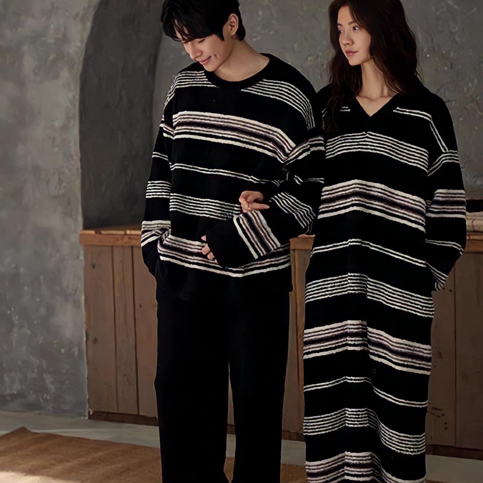 Fluffy multi-color dark striped loungewear