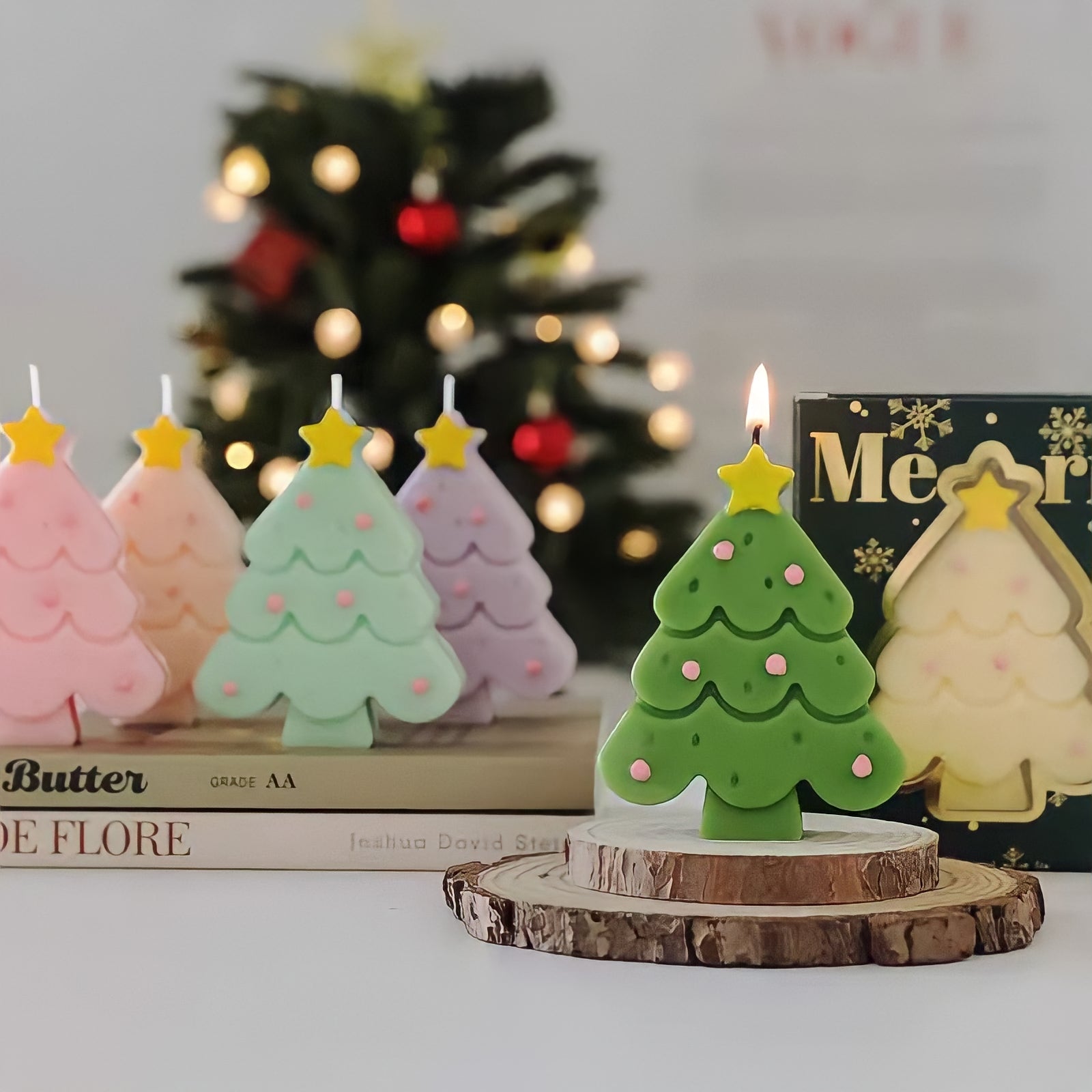 Macaron-colored Christmas tree candle