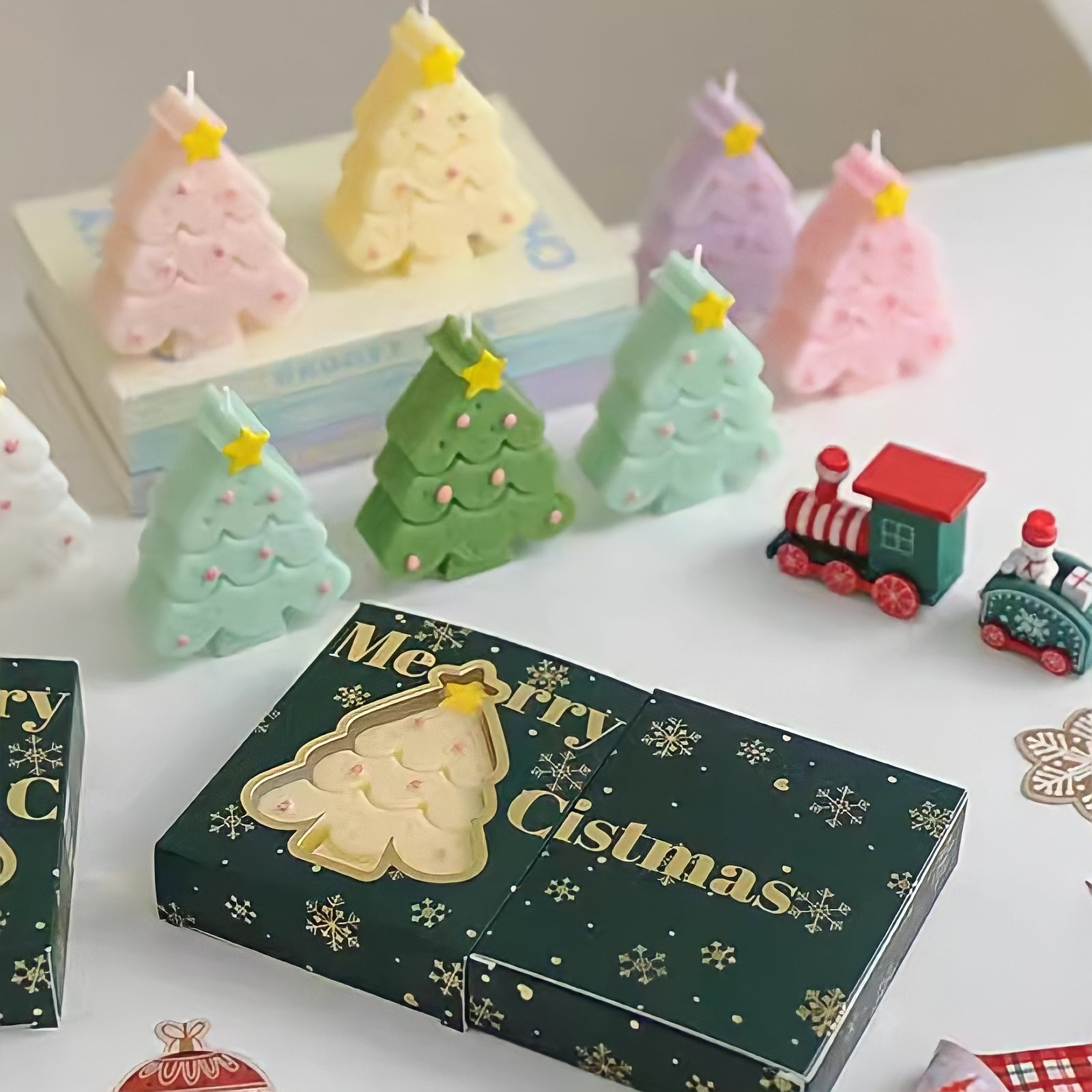 Macaron-colored Christmas tree candle