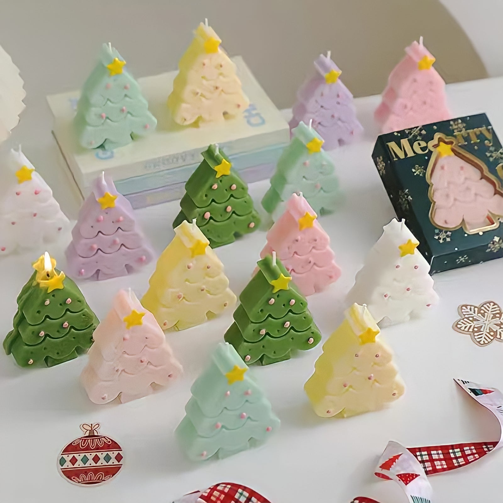Macaron-colored Christmas tree candle