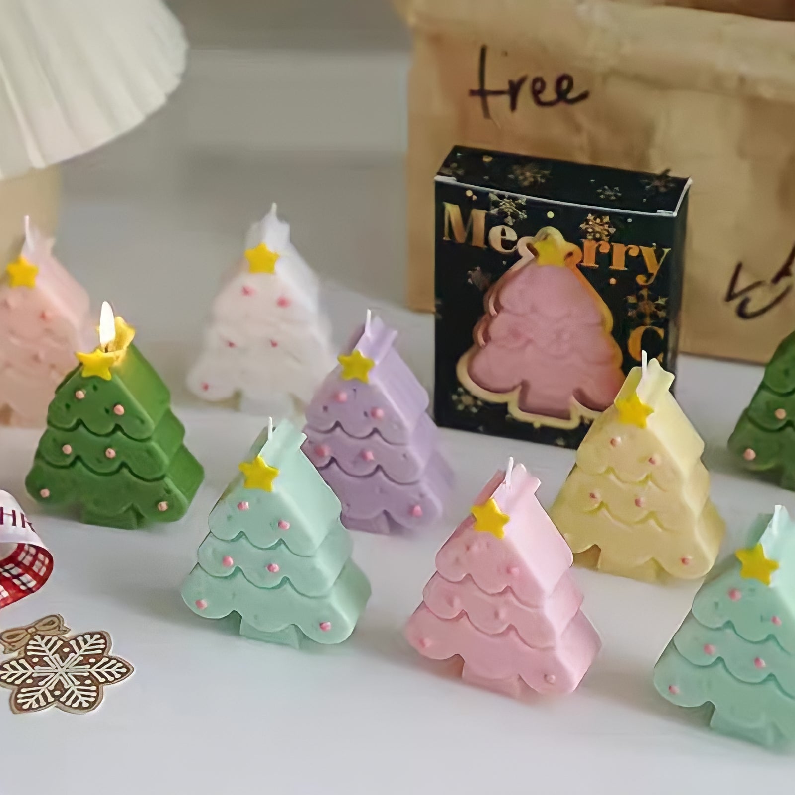 Macaron-colored Christmas tree candle
