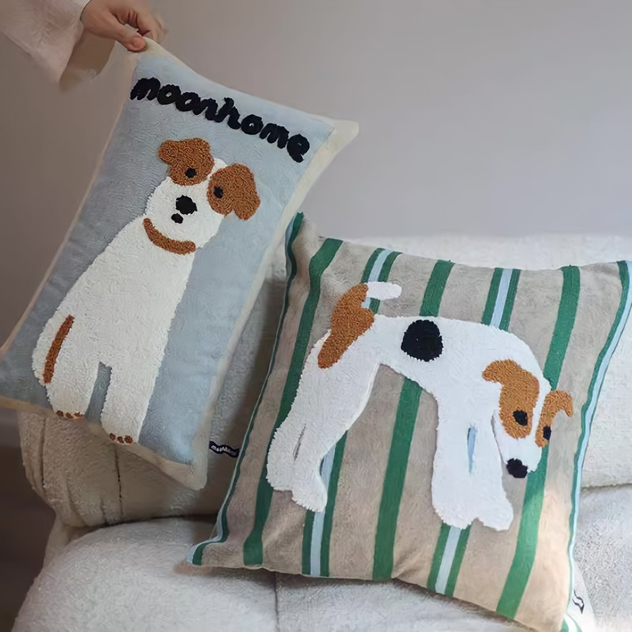 Terrier illustration embroidered cushion