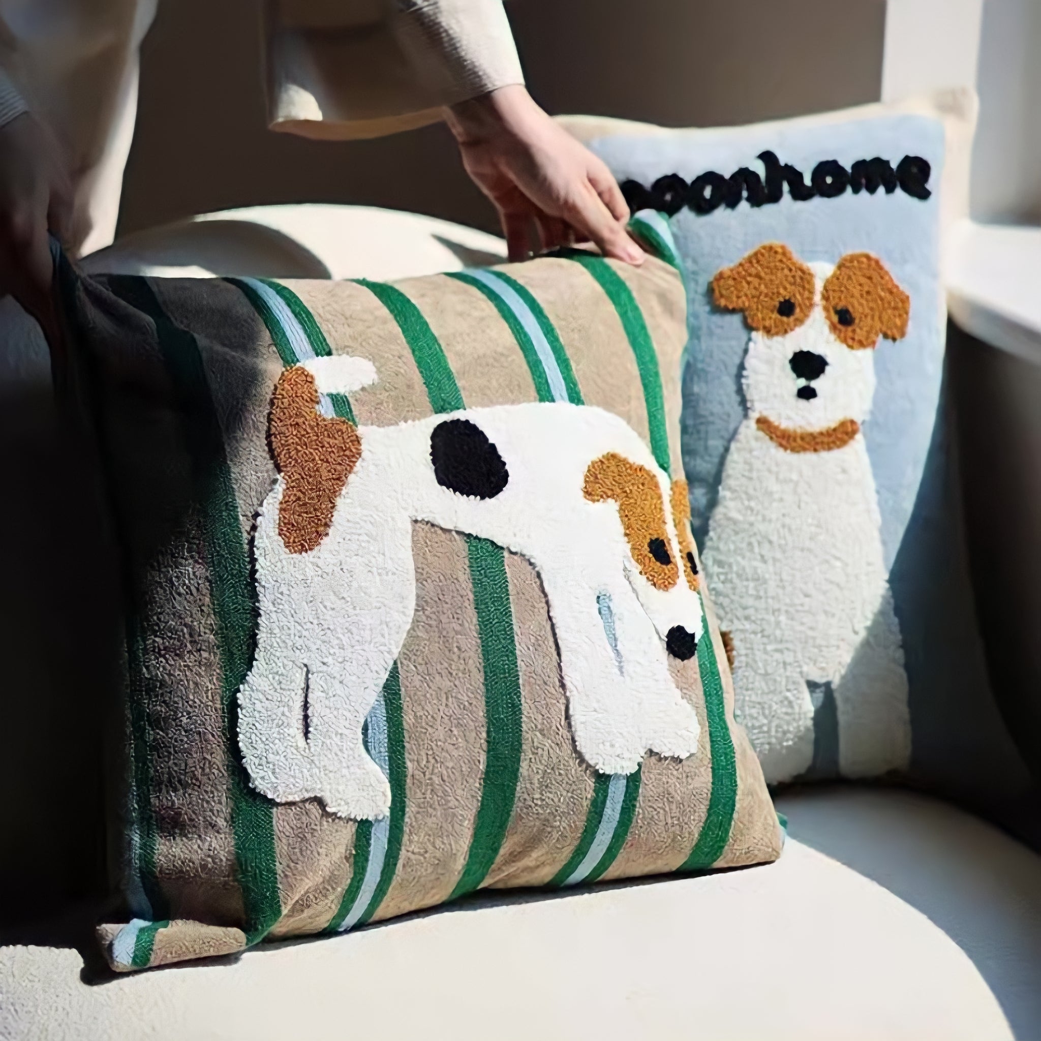 Terrier illustration embroidered cushion