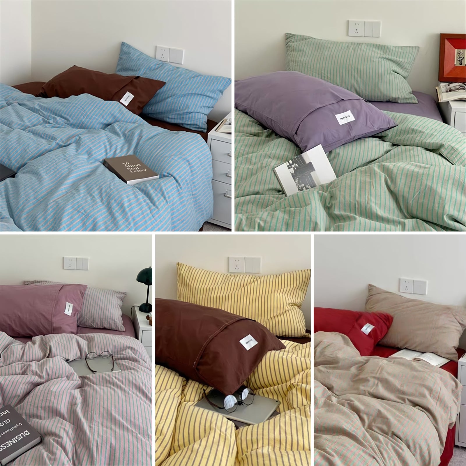 レトロストライプコットン寝具セット ピンクパープル