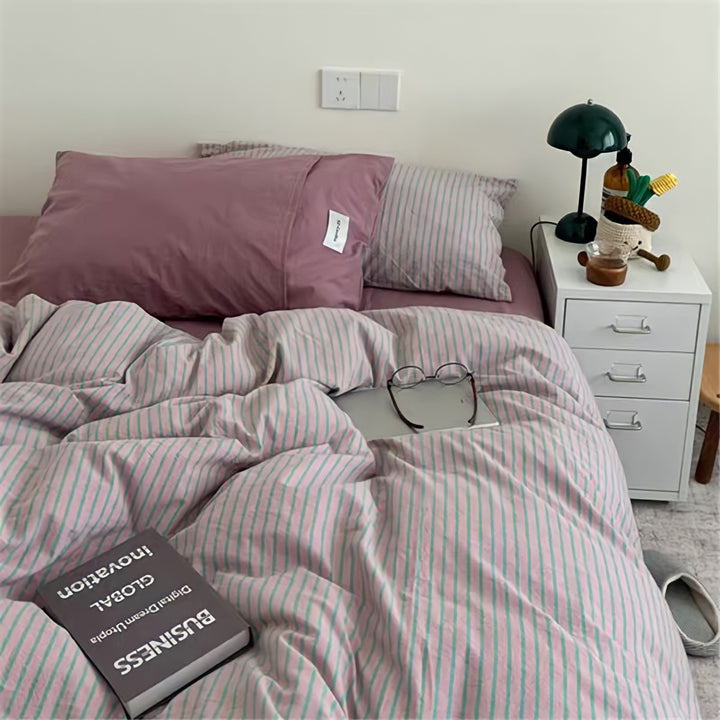 Retro Stripe Cotton Bedding Set Pink Purple