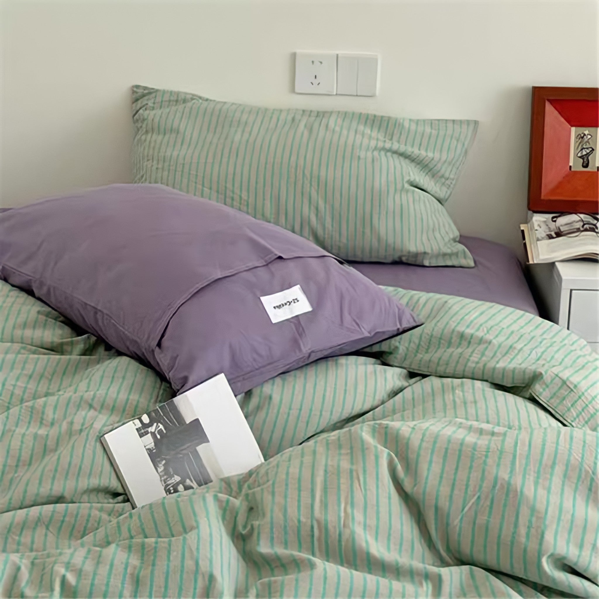 レトロストライプコットン寝具セット グリーンパープル