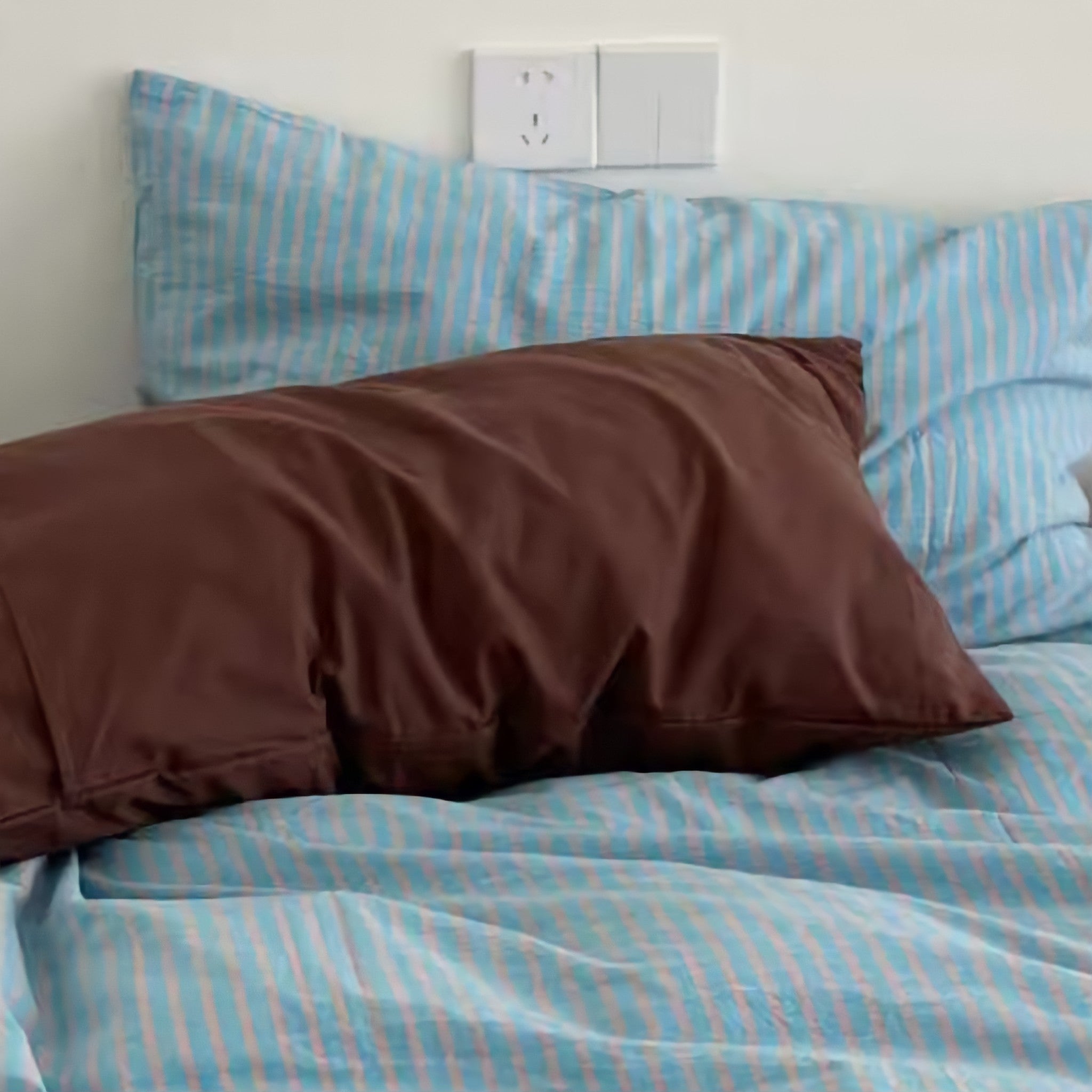 レトロストライプコットン寝具セット ブルーコーヒー