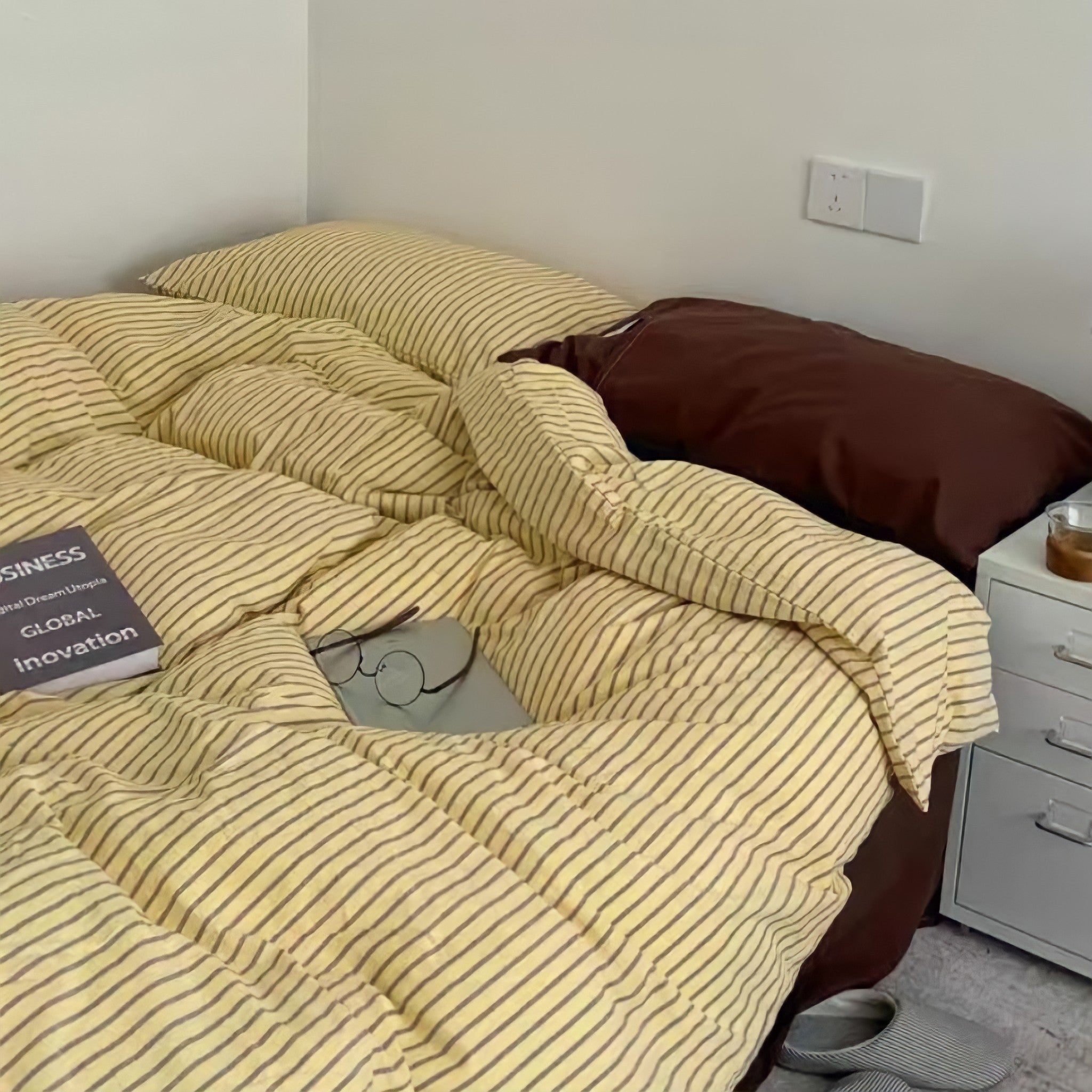 レトロストライプコットン寝具セット イエローコーヒー