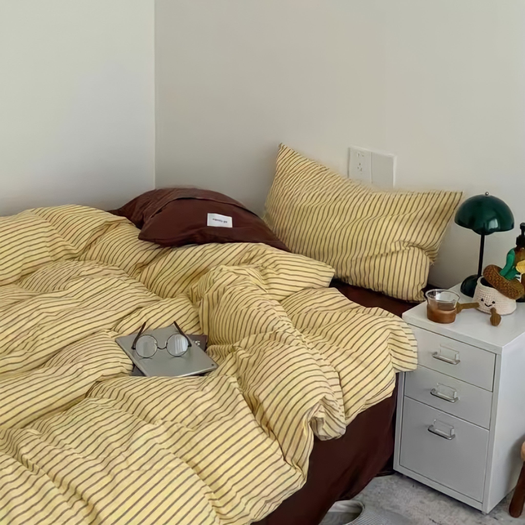 レトロストライプコットン寝具セット イエローコーヒー