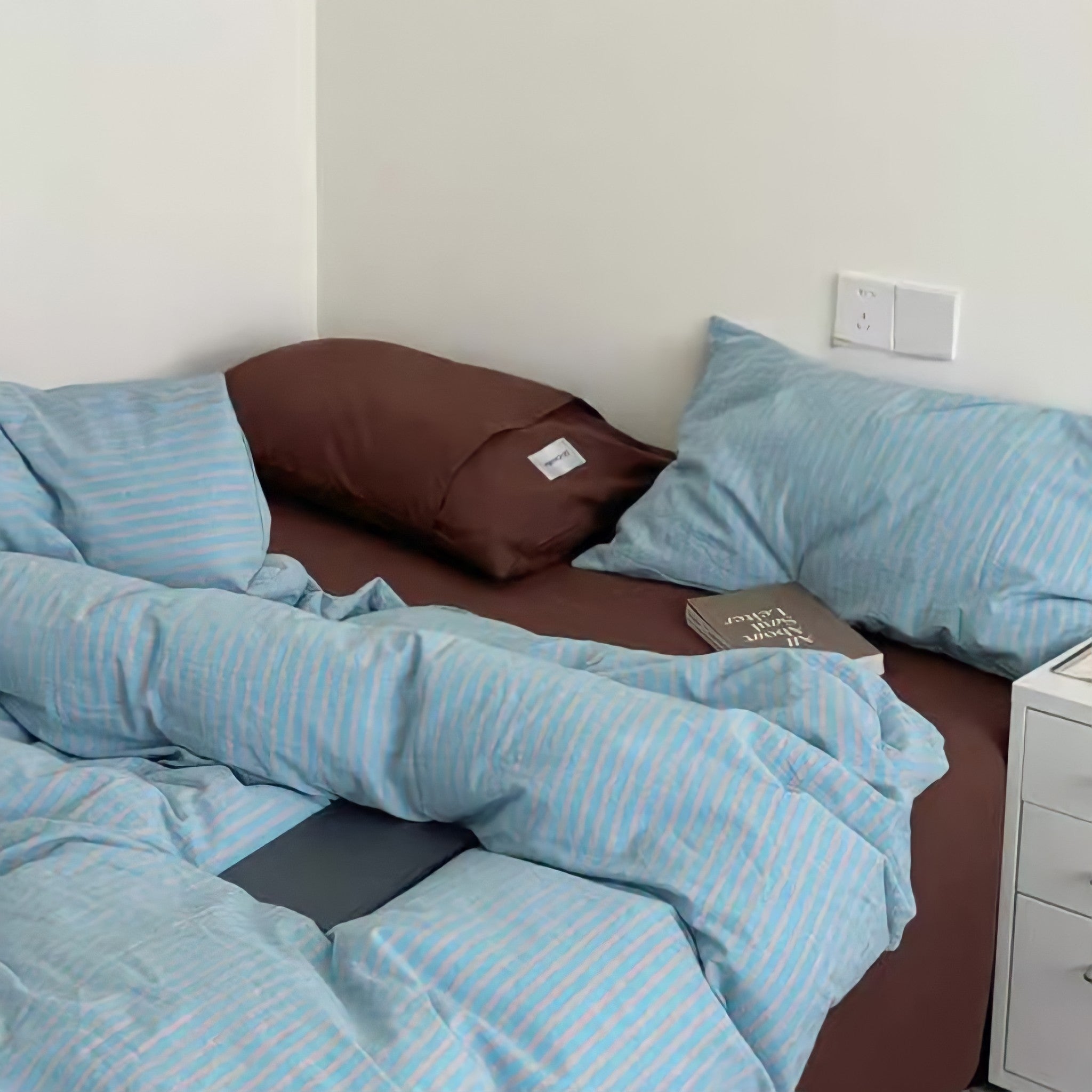 レトロストライプコットン寝具セット ブルーコーヒー