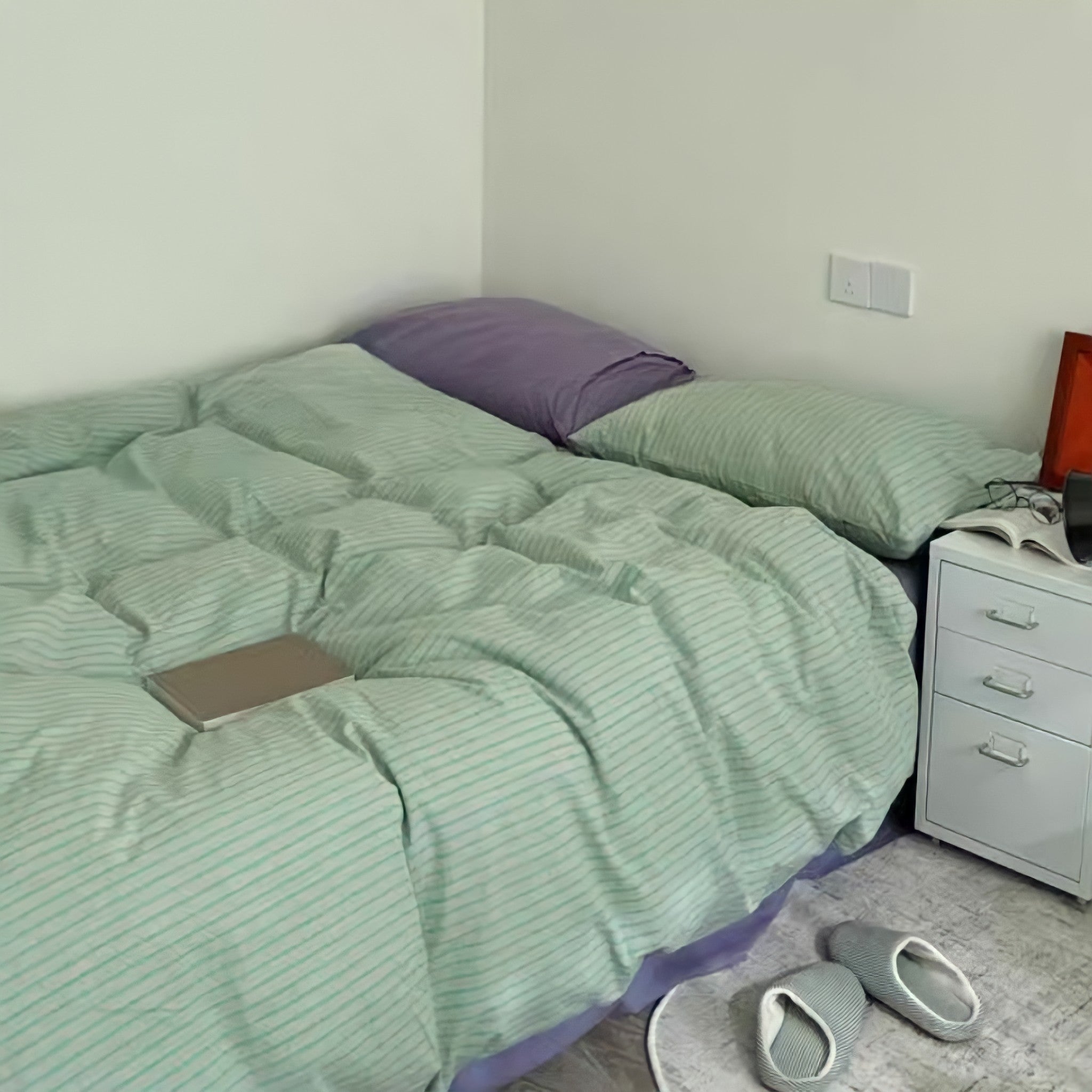レトロストライプコットン寝具セット グリーンパープル