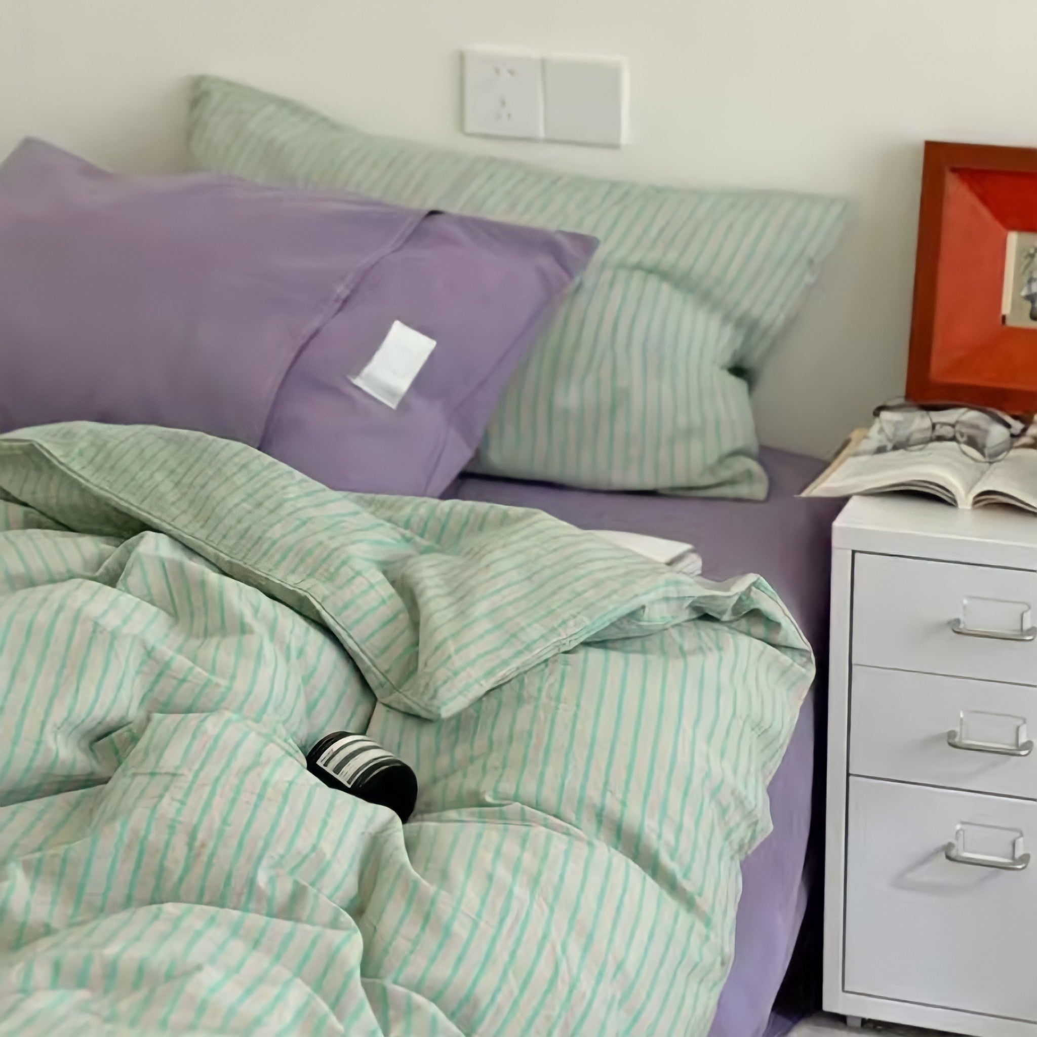 レトロストライプコットン寝具セット グリーンパープル