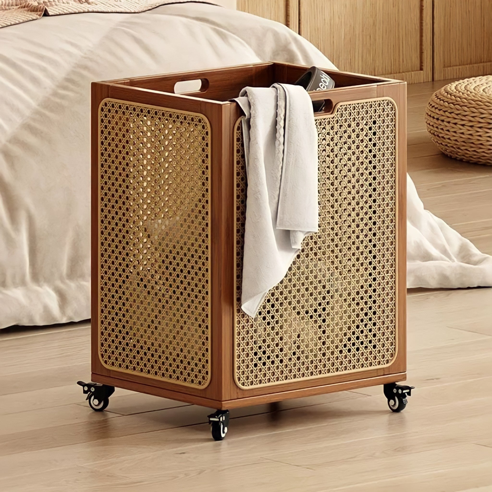 Rattan wheeled basket