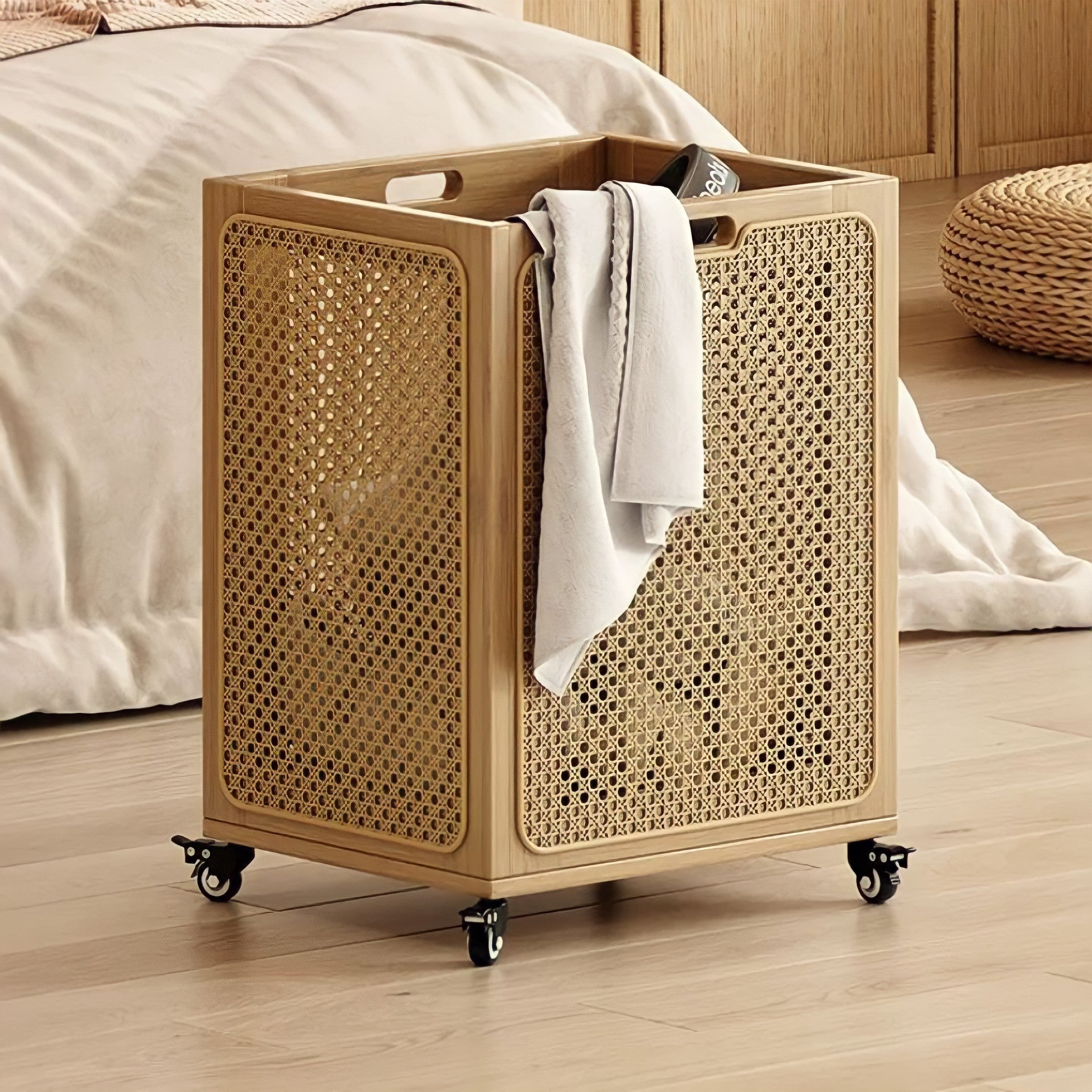 Rattan wheeled basket