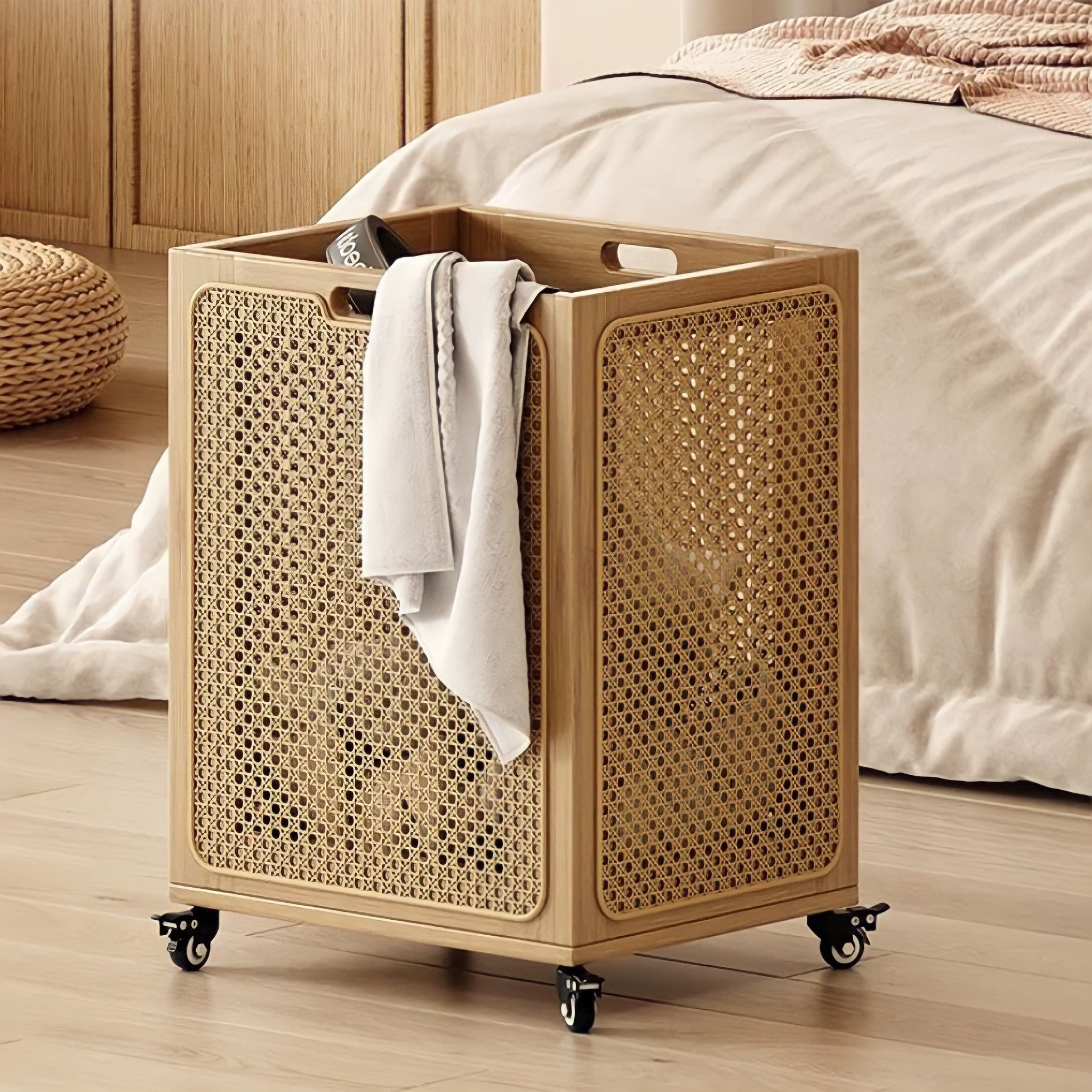 Rattan wheeled basket