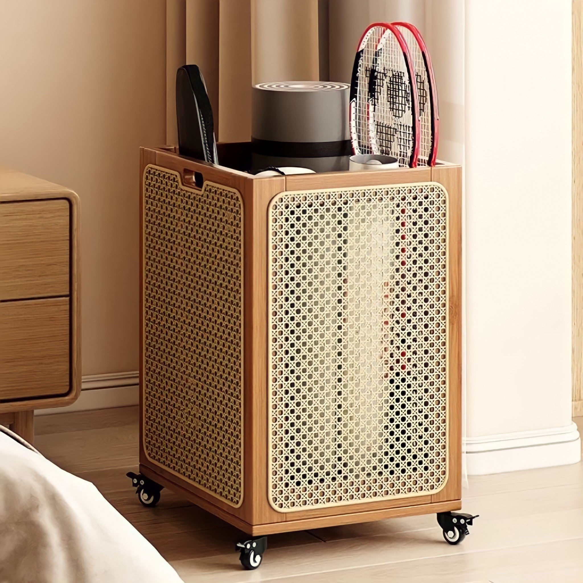 Rattan wheeled basket