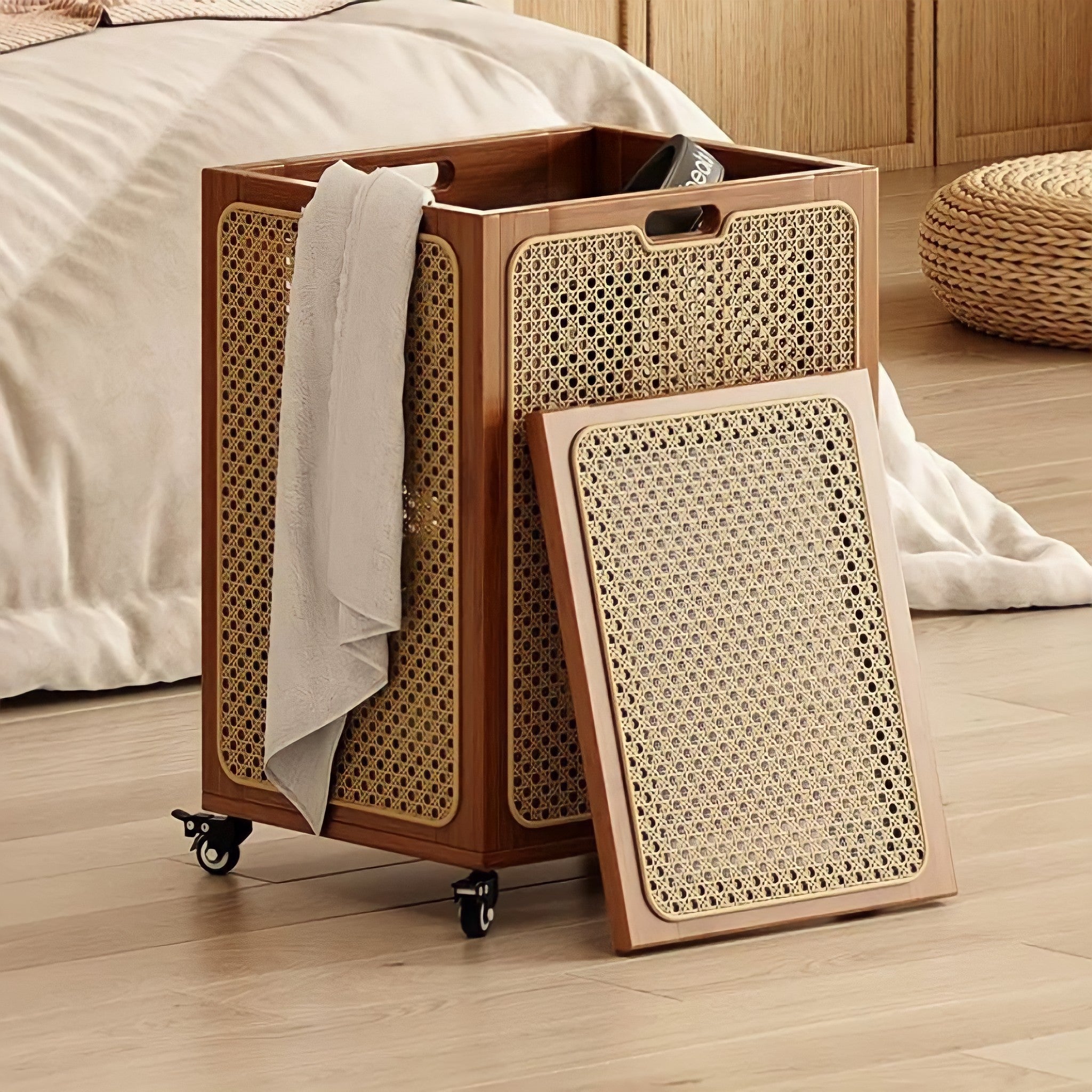 Rattan wheeled basket