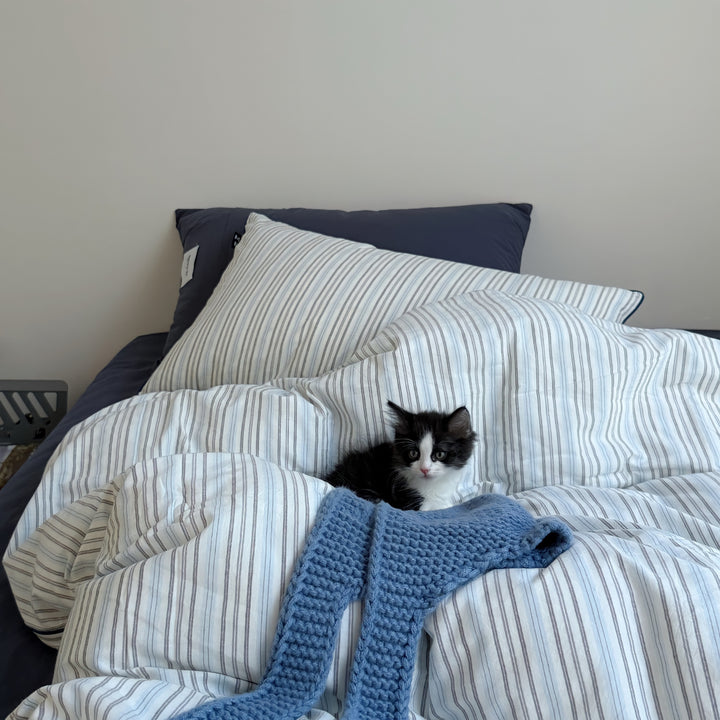Pure Cotton Washed Cotton Simple Striped Bedding Set Blue