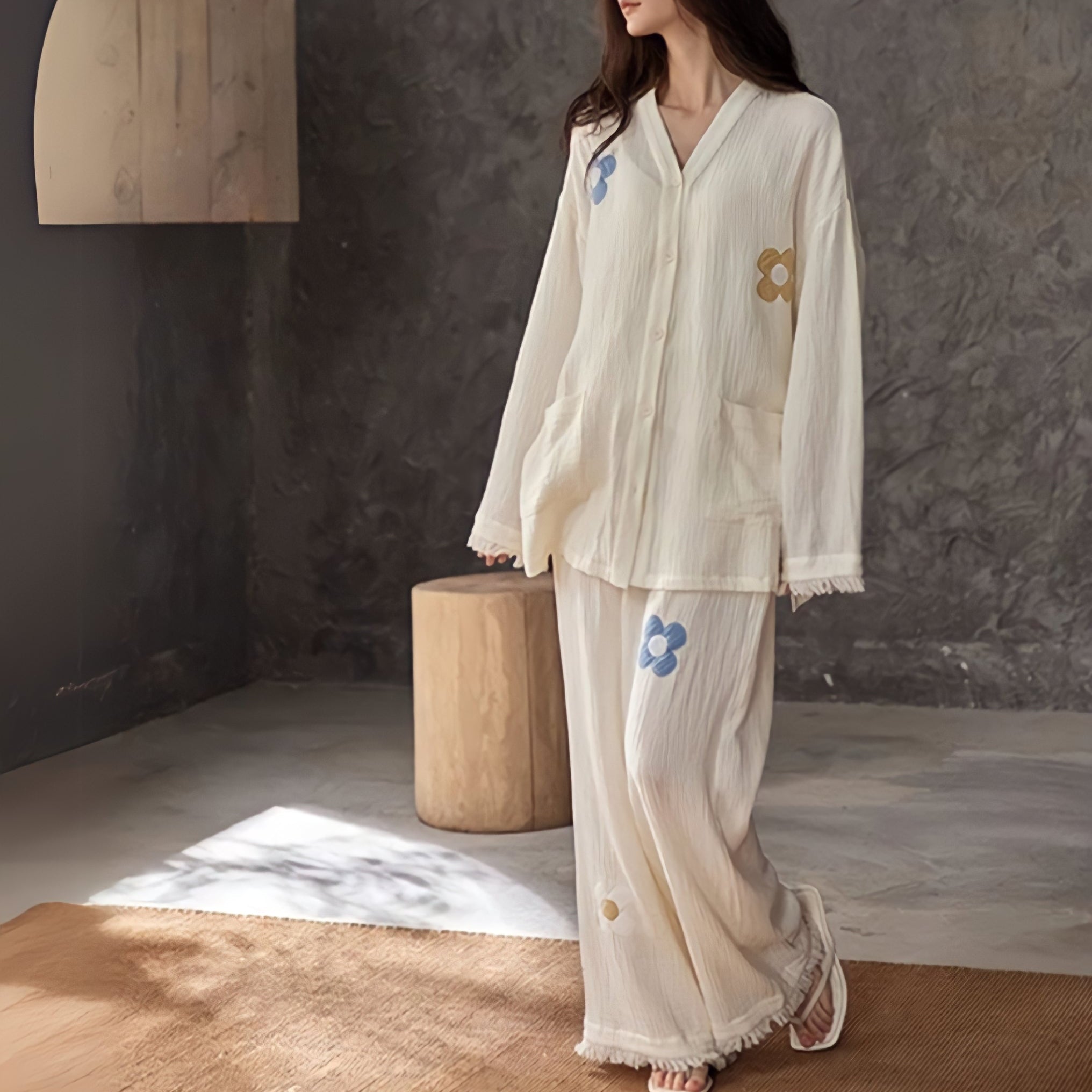 Flower print cotton gauze pajamas 