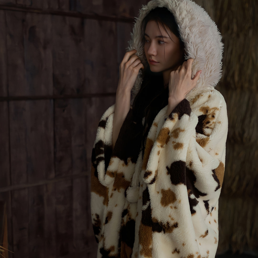 Fluffy cow pattern long cape 