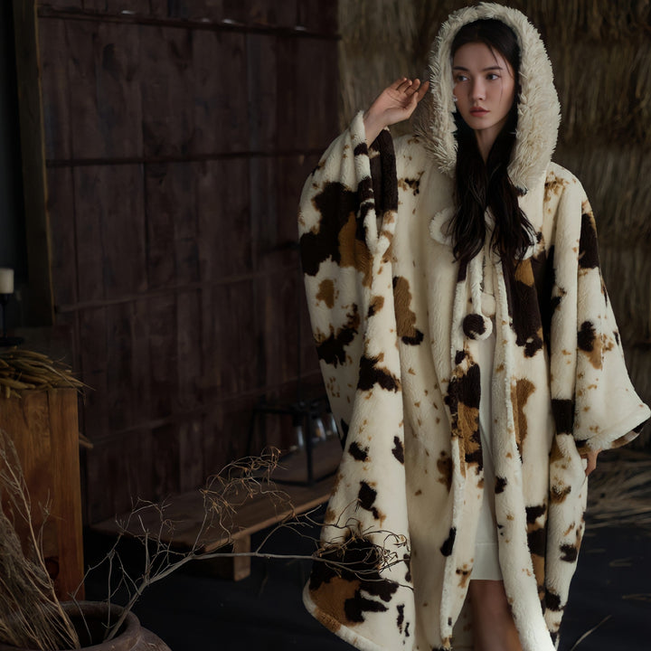 Fluffy cow pattern long cape 