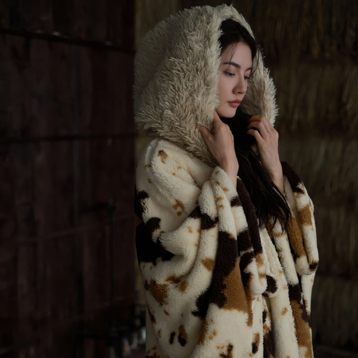 Fluffy cow pattern long cape 