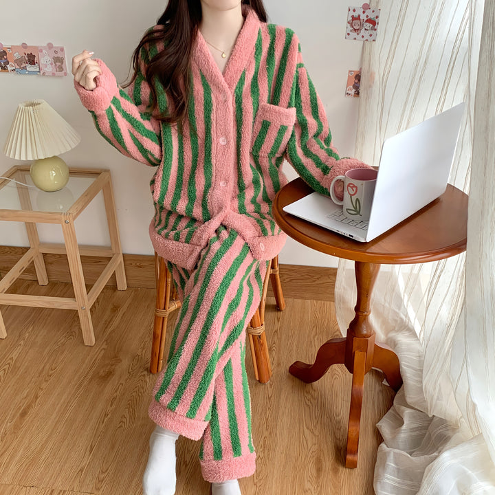 Pink and green striped cardigan loungewear set 
