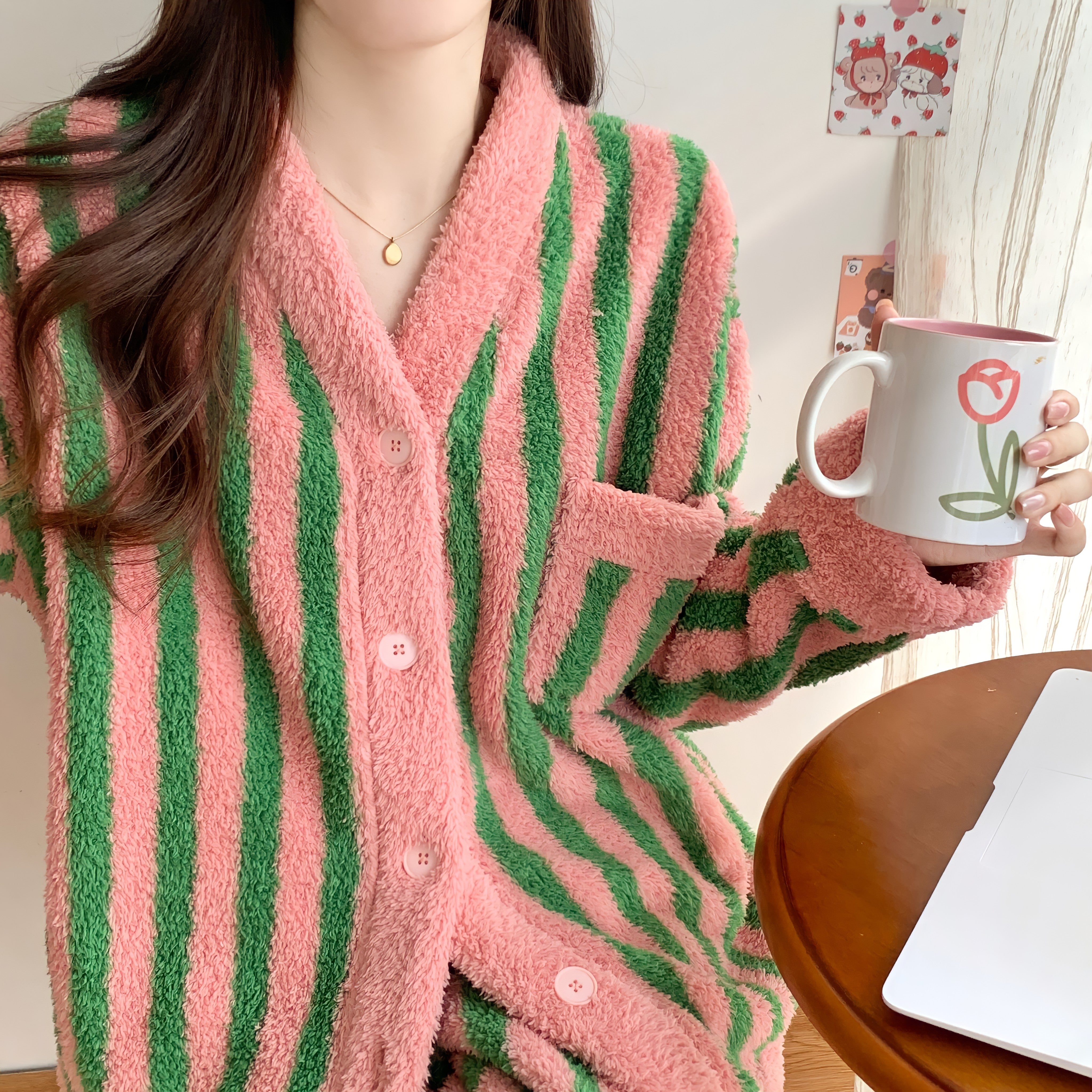 Pink and green striped cardigan loungewear set 