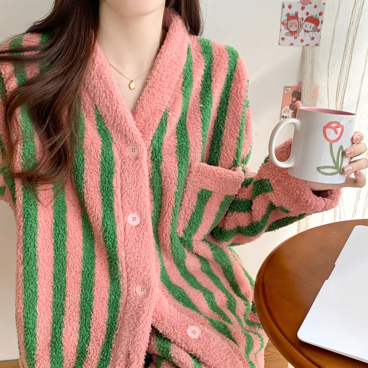 Pink and green striped cardigan loungewear set 