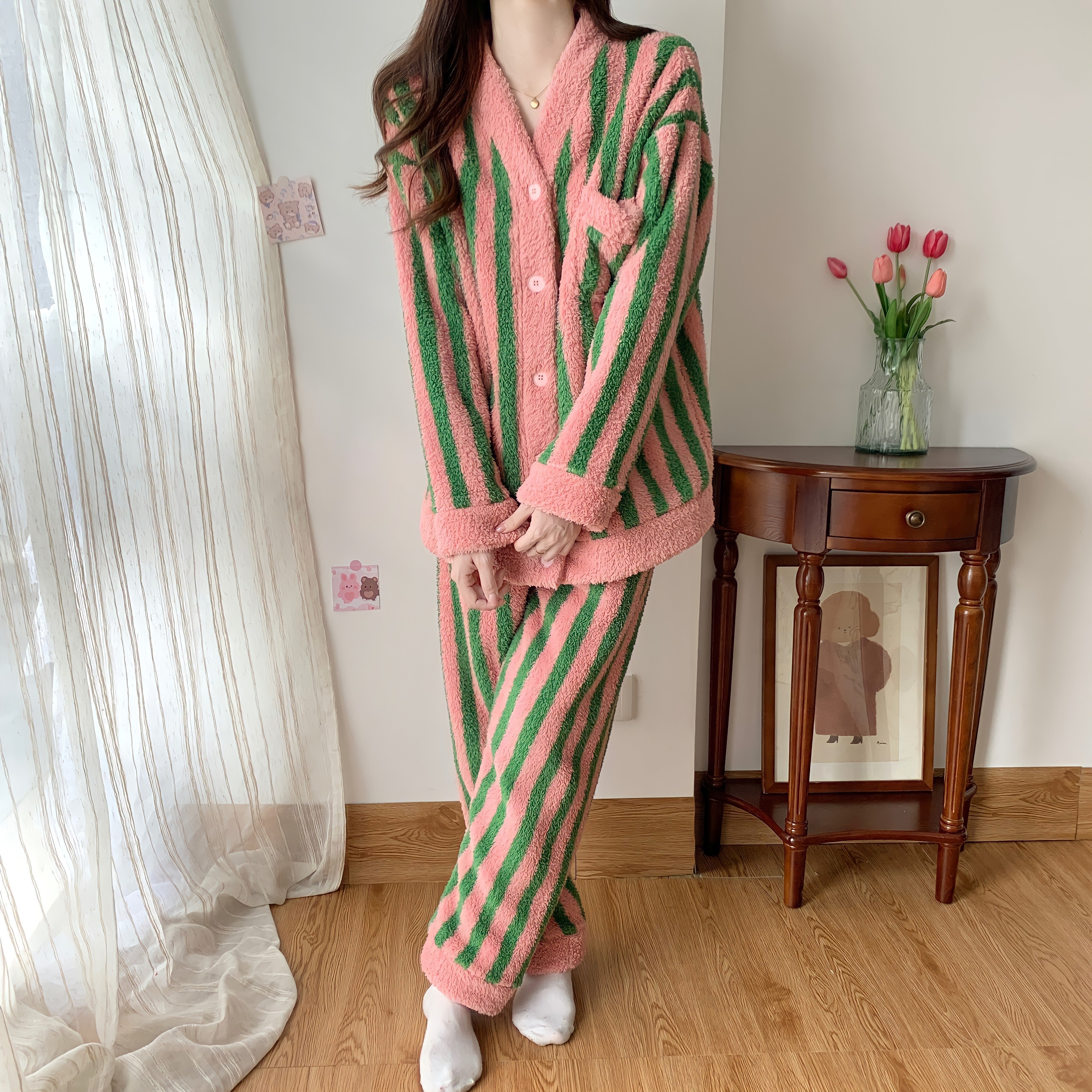 Pink and green striped cardigan loungewear set 
