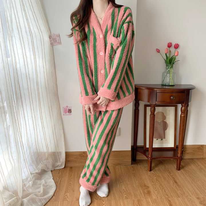 Pink and green striped cardigan loungewear set 