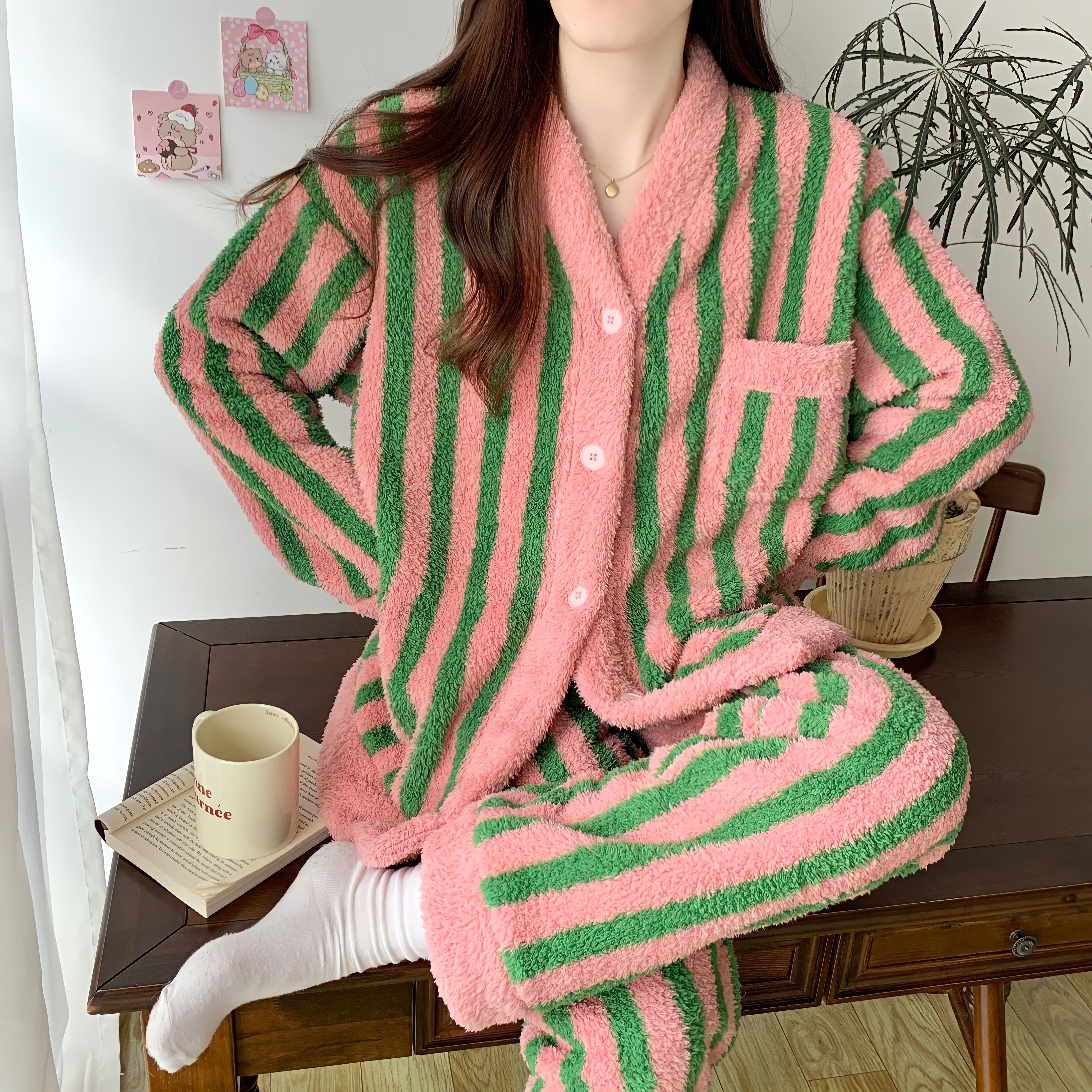 Pink and green striped cardigan loungewear set 
