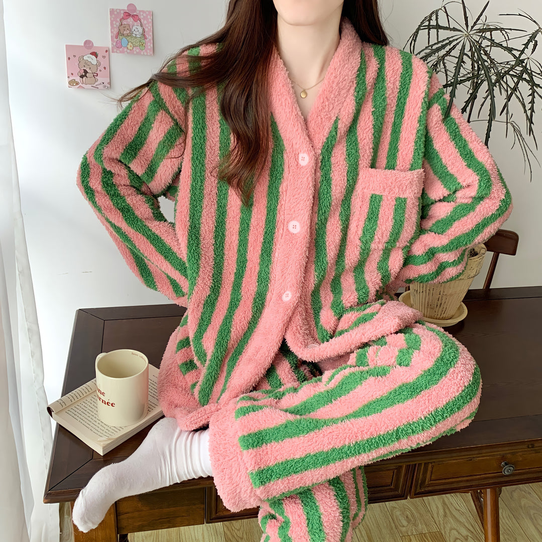 Pink and green striped cardigan loungewear set 