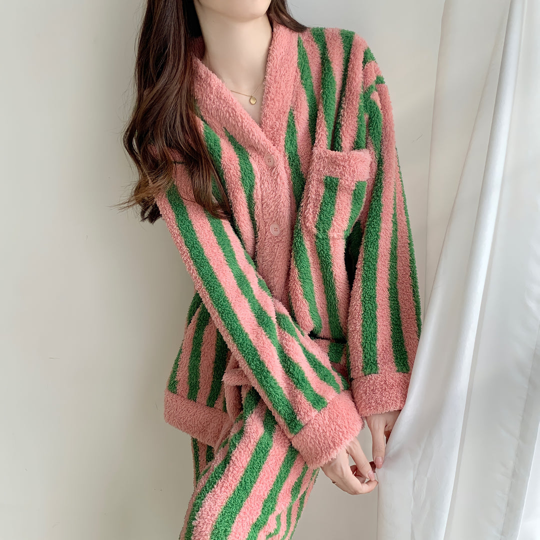 Pink and green striped cardigan loungewear set 