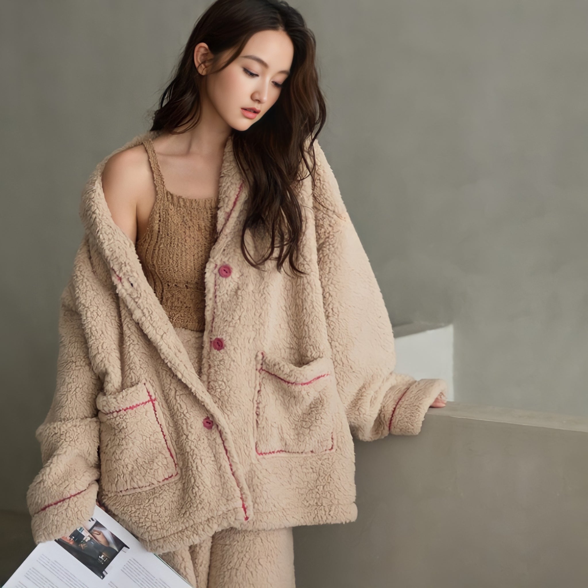 パイピング襟付きふわもこルームウェア