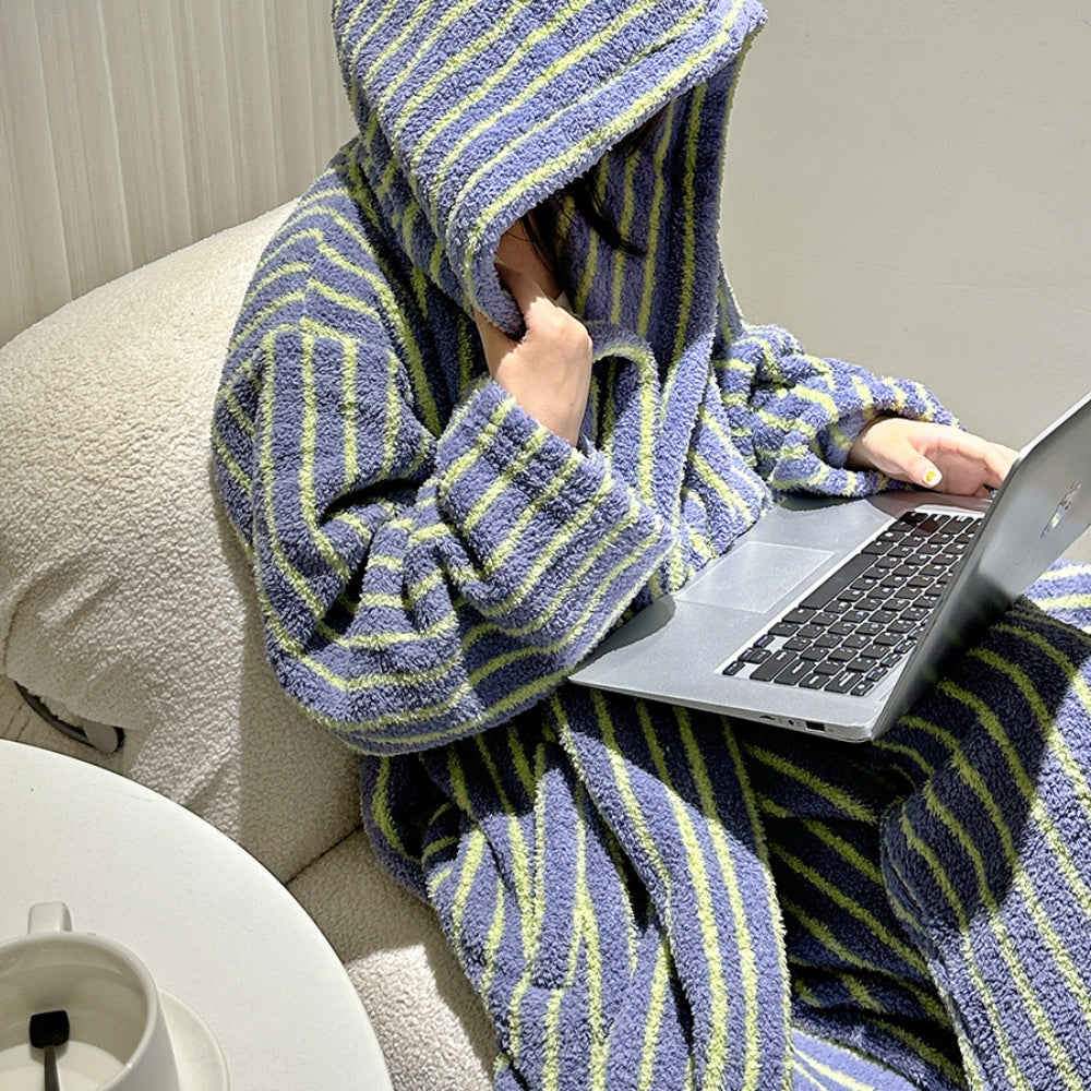 ストライプパターンふわもこローブセット パープルイエローロング