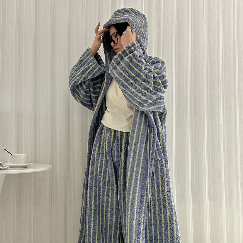 ストライプパターンふわもこローブセット パープルイエローロング