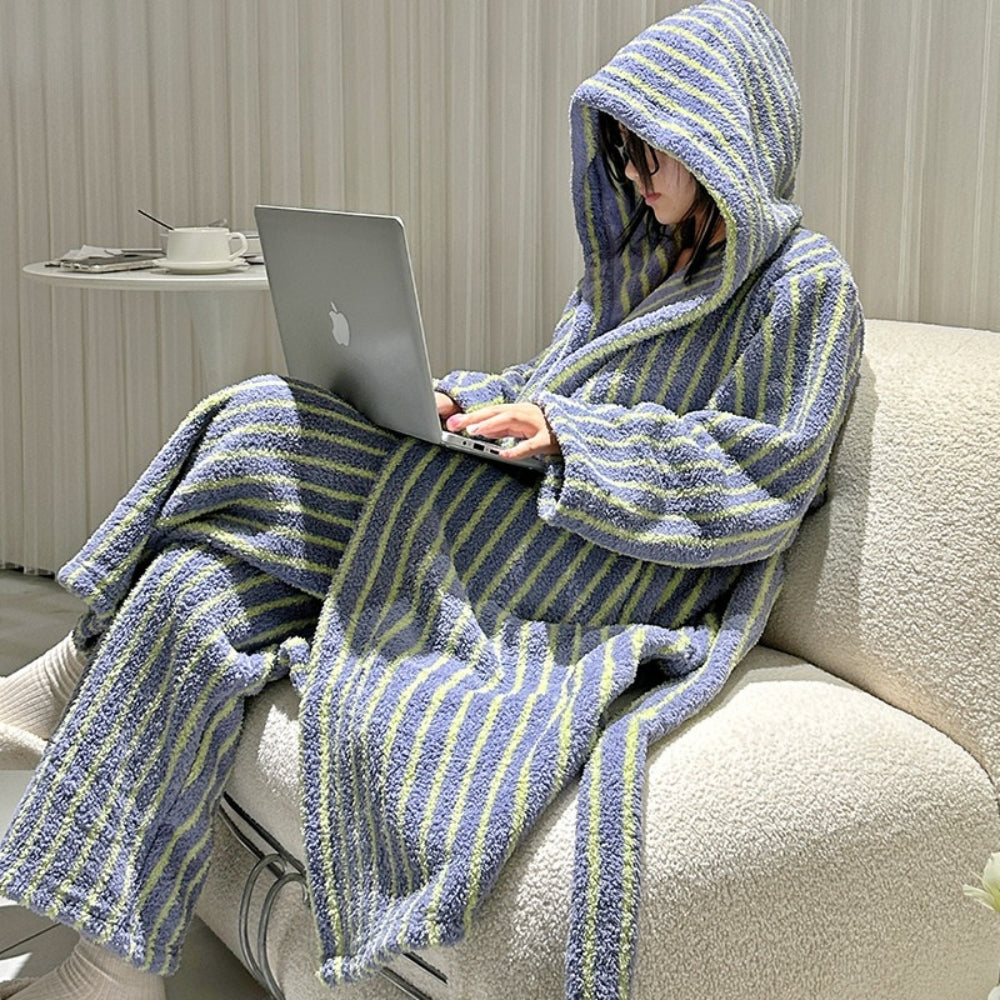 ストライプパターンふわもこローブセット パープルイエローロング