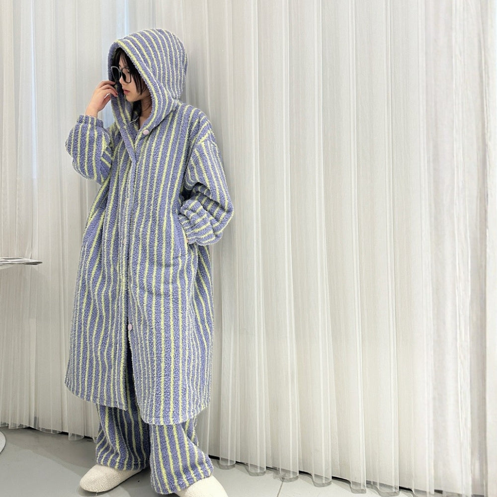 ストライプパターンふわもこローブセット パープルイエローロング