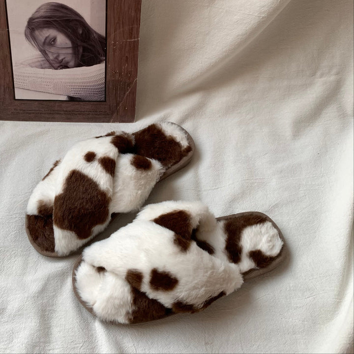 ふわふわカウ柄ルームシューズ ブラウン