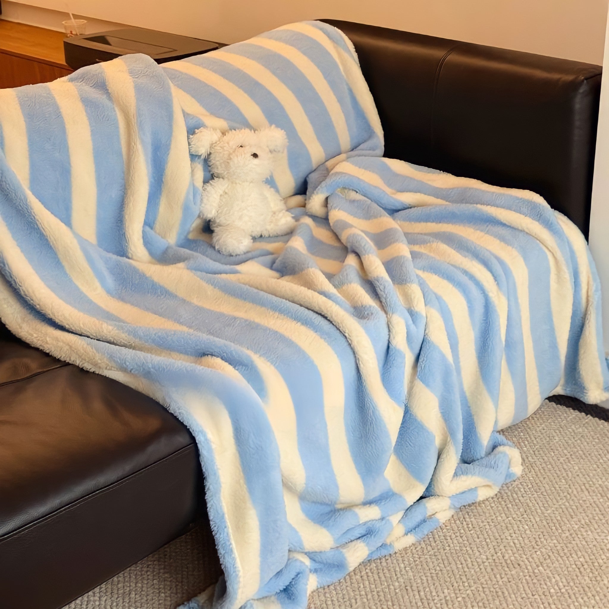 Blue and White Striped Fleece Blanket