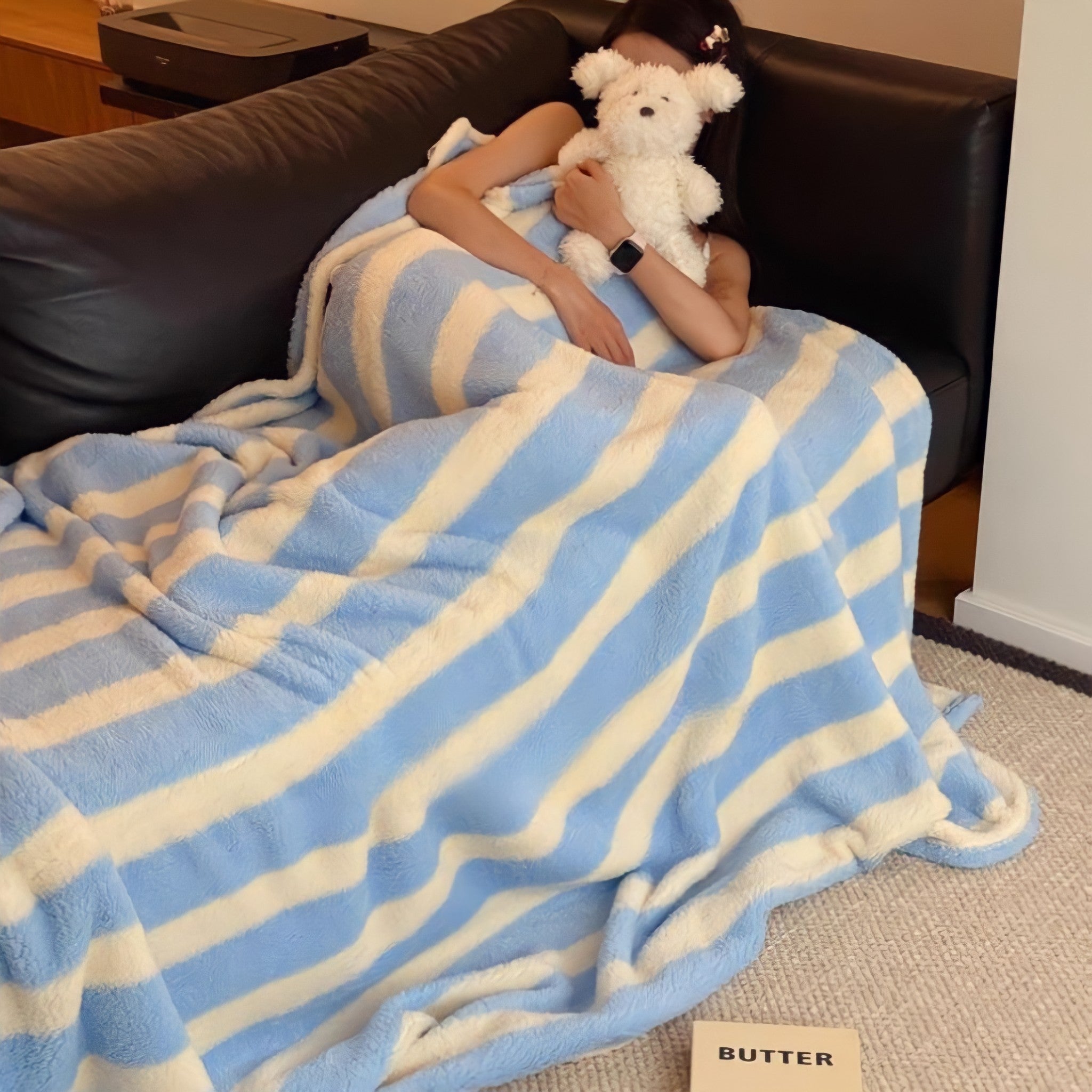 Blue and White Striped Fleece Blanket