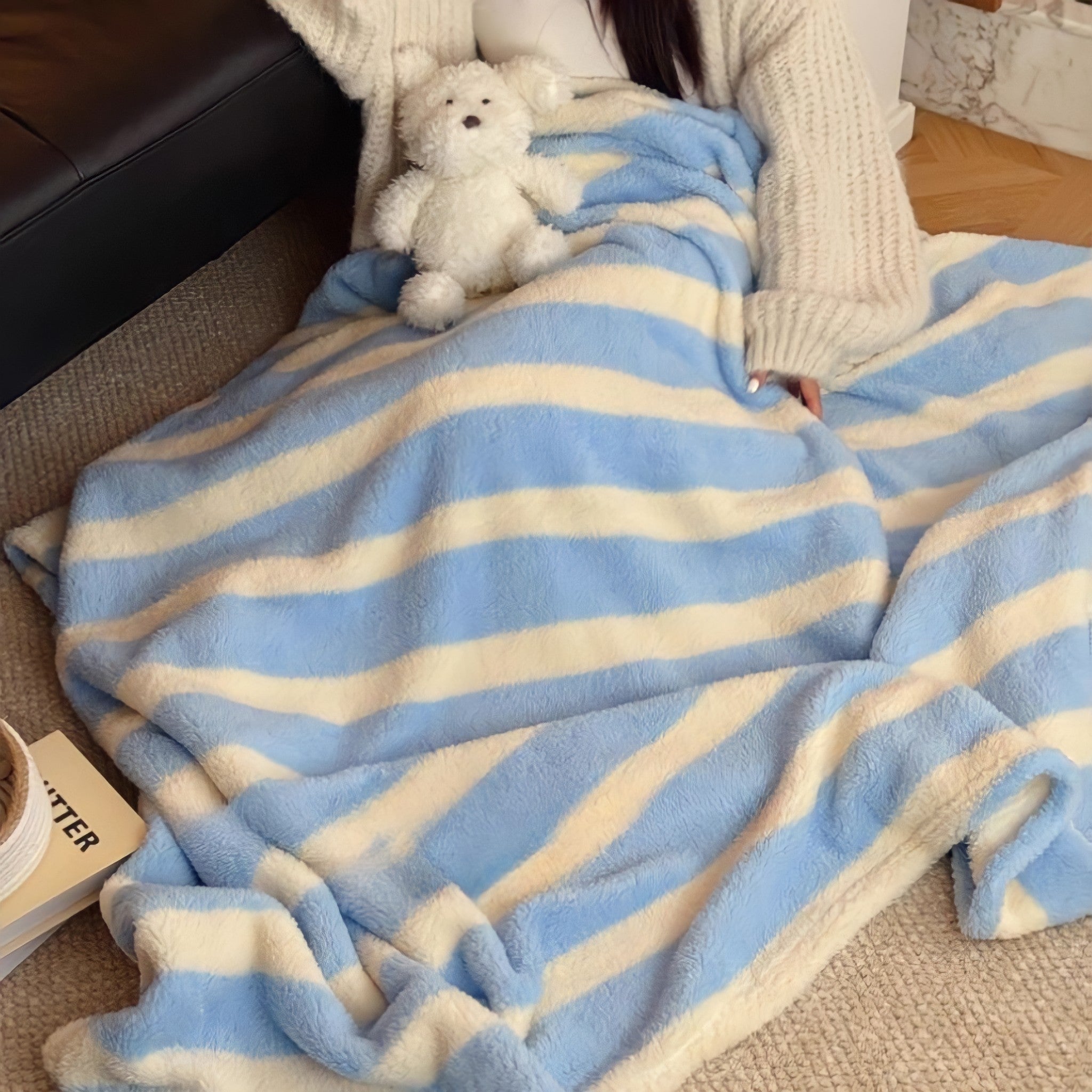 Blue and White Striped Fleece Blanket