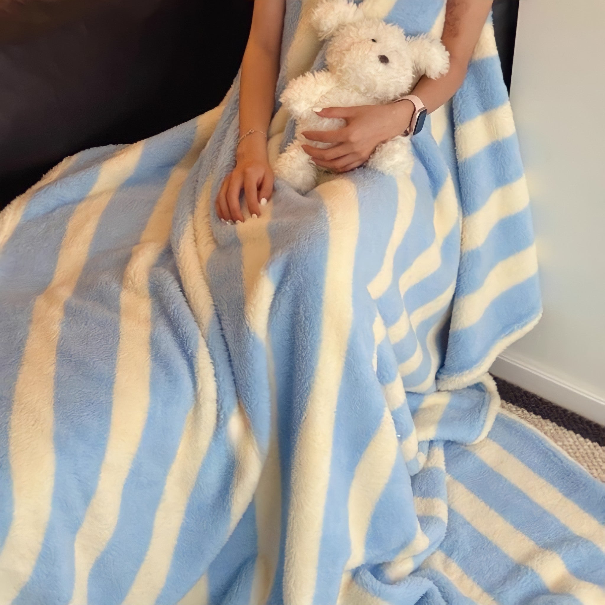 Blue and White Striped Fleece Blanket