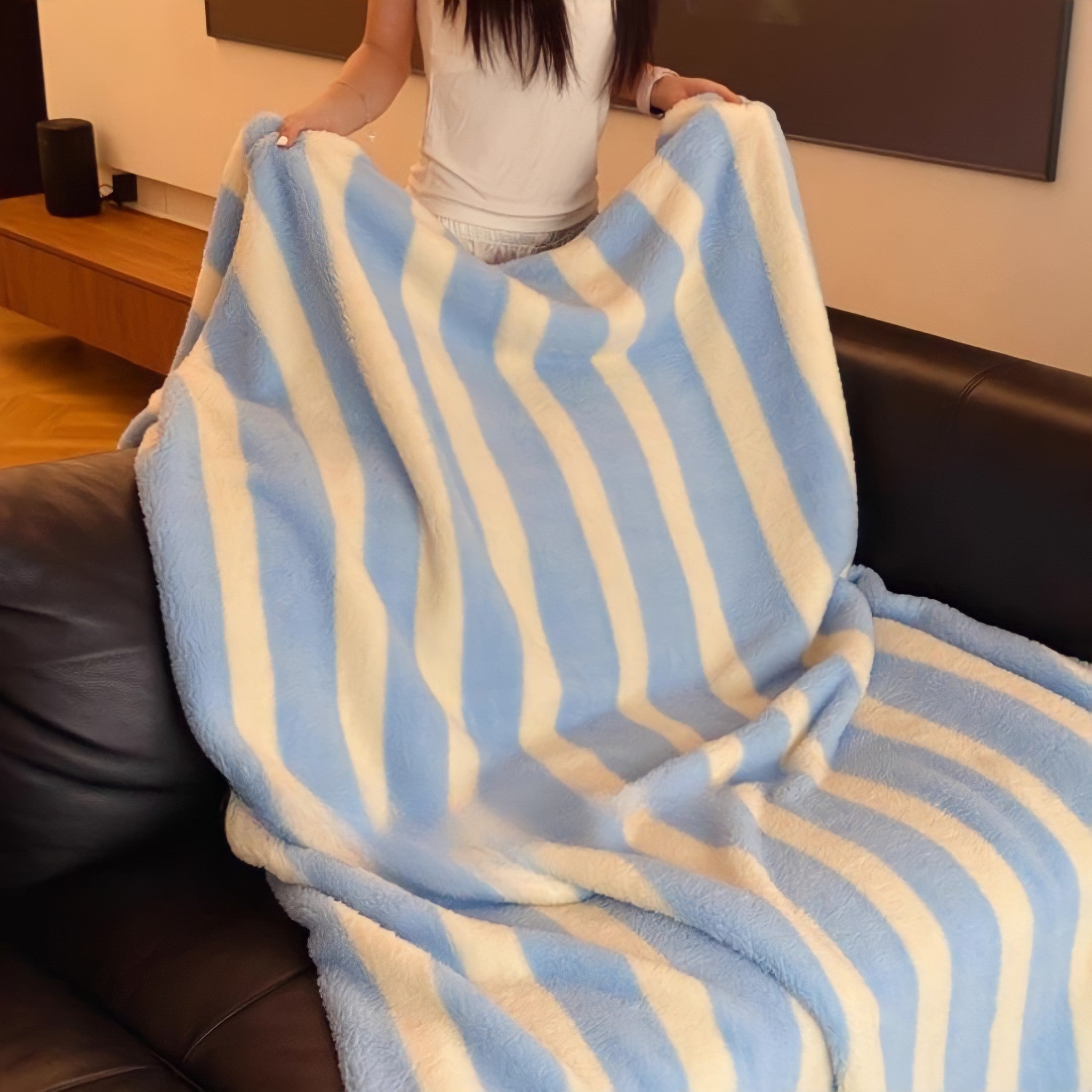 Blue and White Striped Fleece Blanket