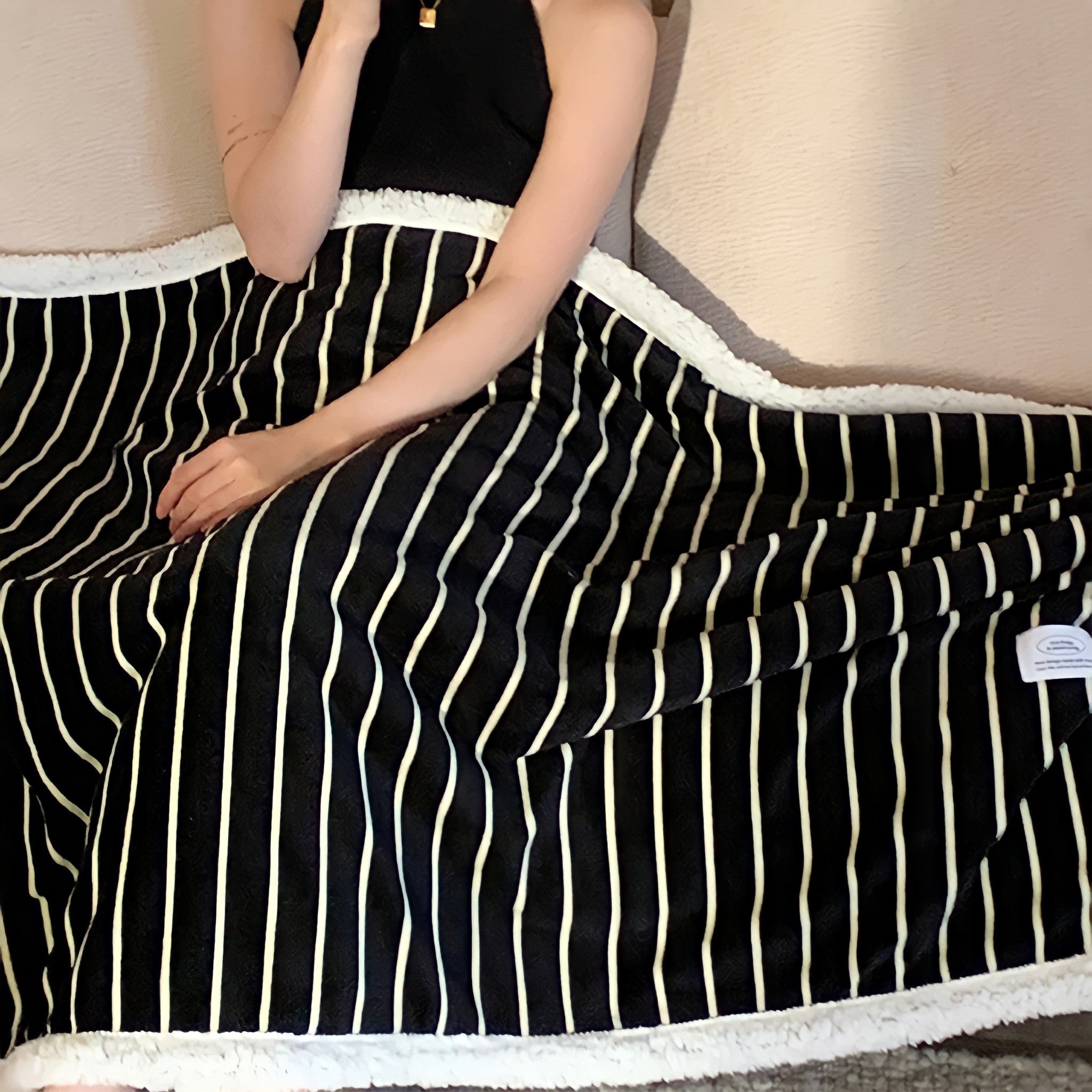 Striped Fleece Boa Blanket in Black