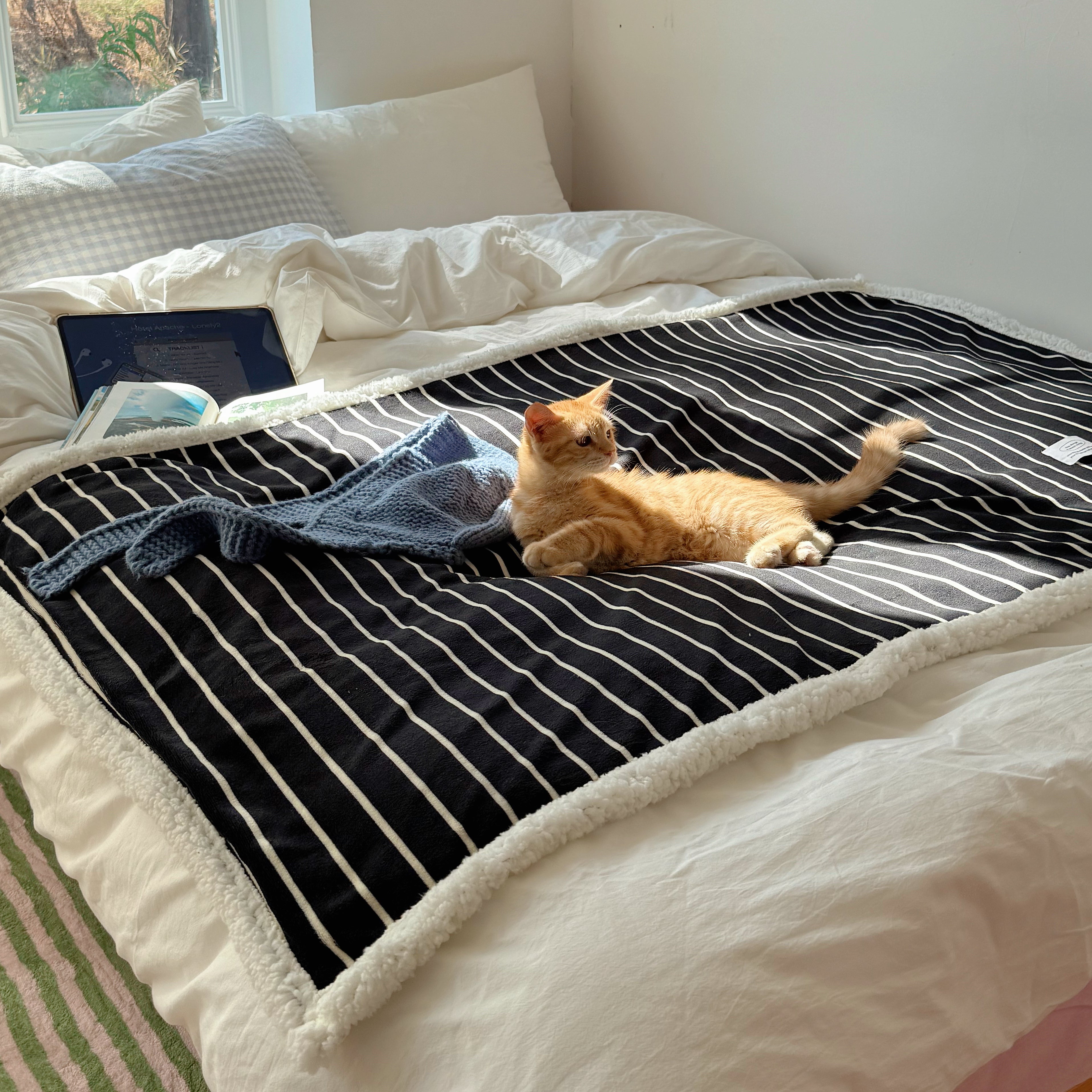 Striped Fleece Boa Blanket in Black