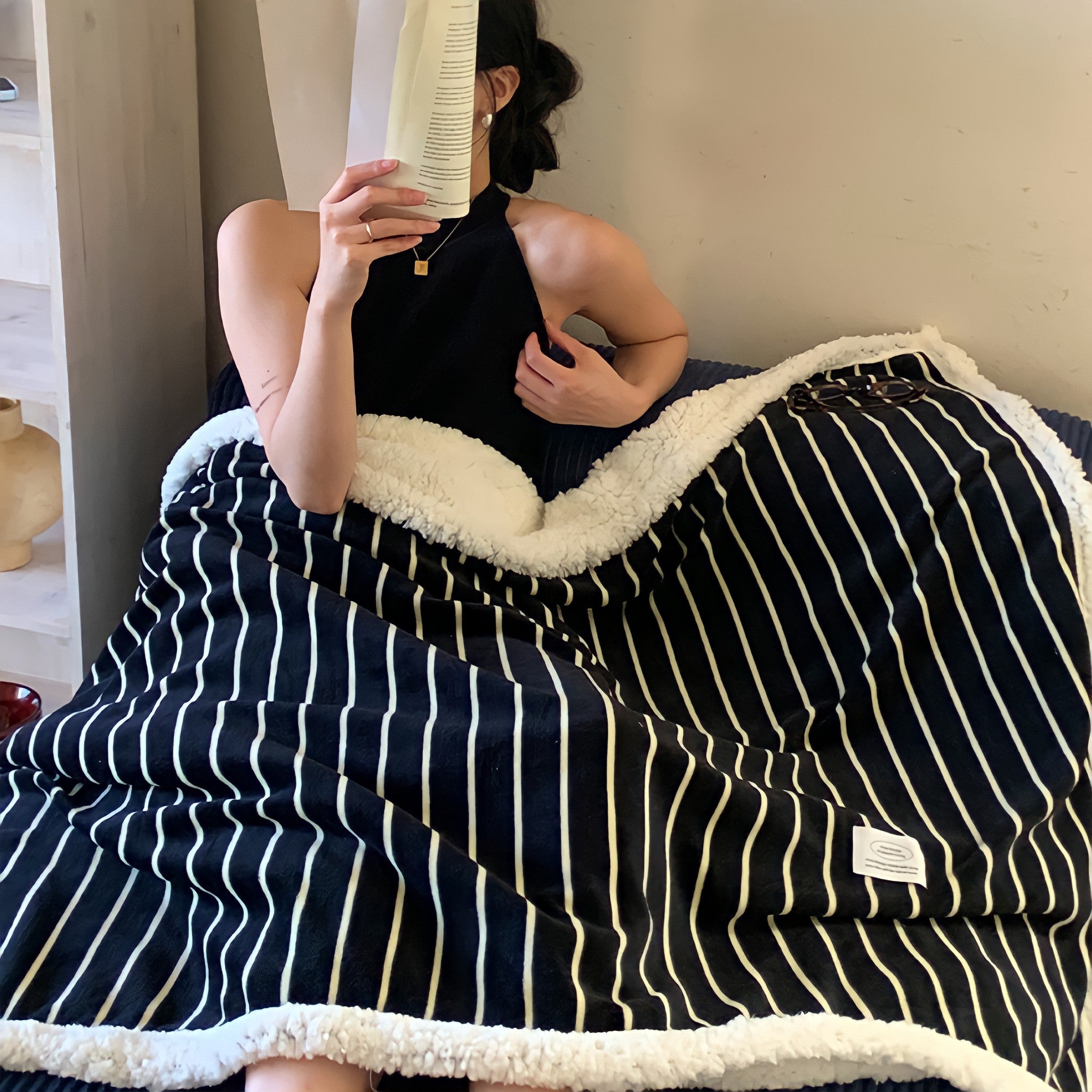 Striped Fleece Boa Blanket in Black